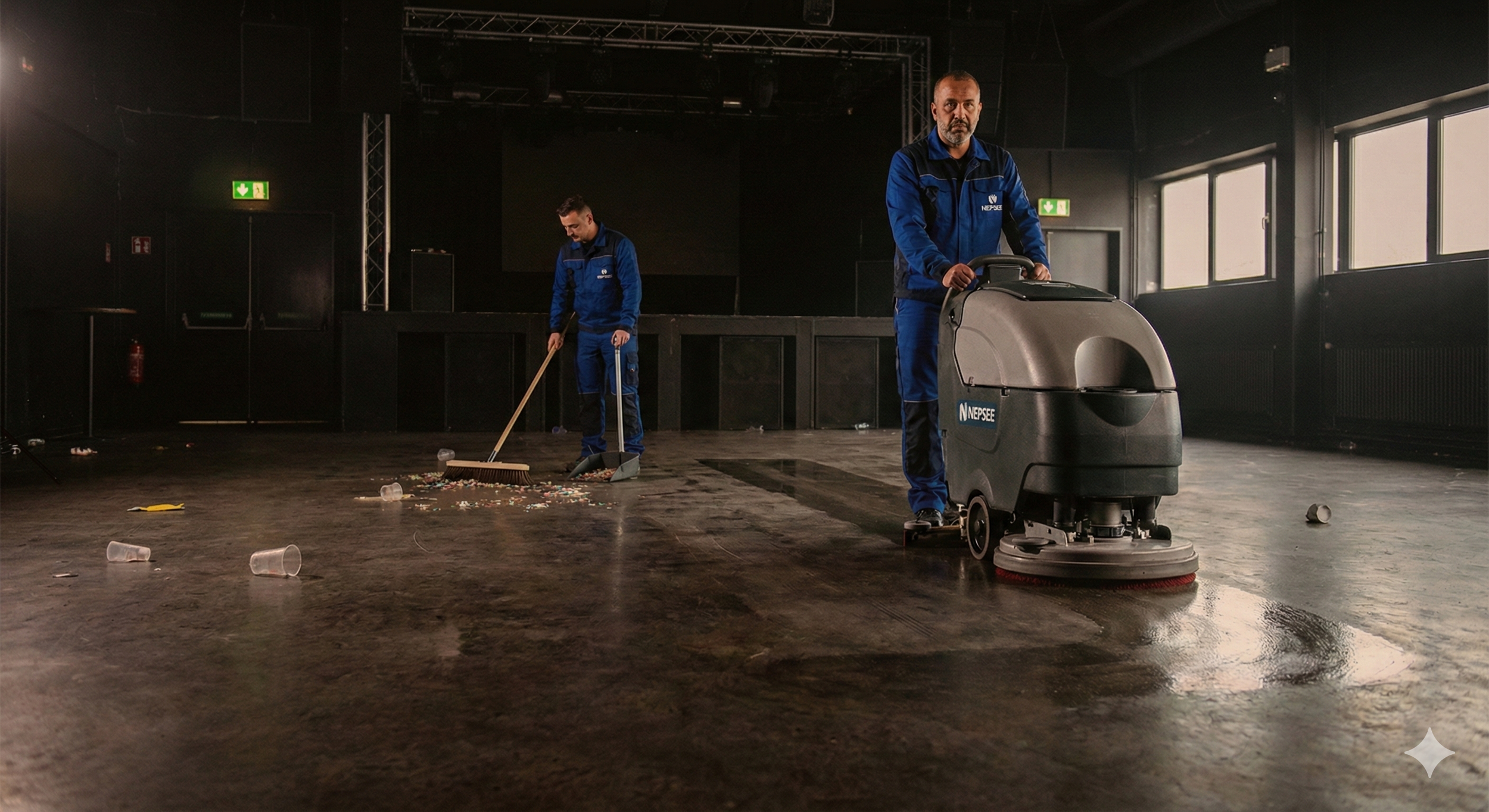 Deux employés en uniforme nettoient un sol de salle de concert ou de théâtre avec des équipements de nettoyage professionnels, notamment un laveur de sol et un balai.