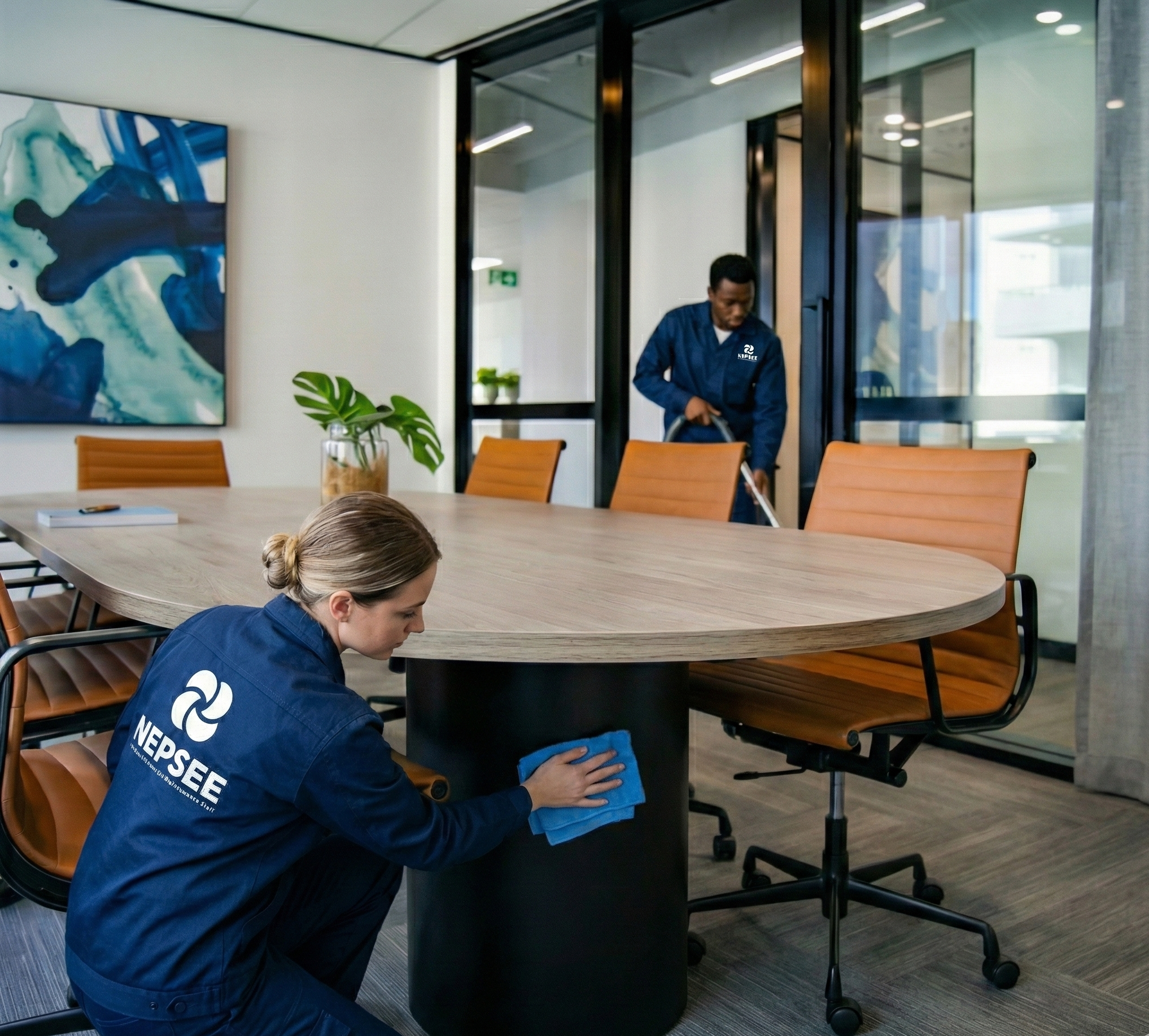 Deux employés de NEPSEE nettoient une salle de réunion avec un grand tableau de bureau en bois et des chaises en cuir orange. Une femme est agenouillée, essuyant le support du bureau, tandis qu'un homme au fond nettoie la porte-fenêtre avec un chiffon.