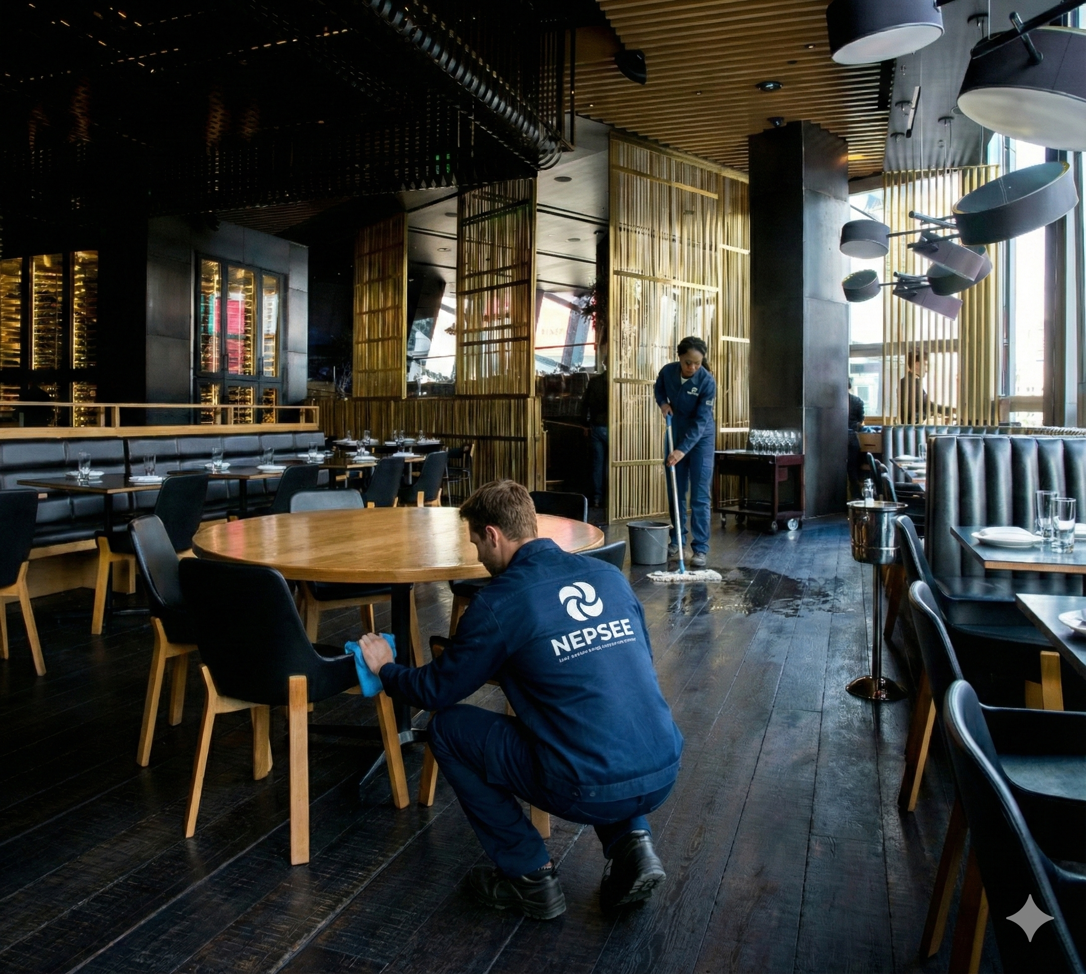 Deux employés de nettoyage nettoyant le sol d'un restaurant moderne avec des meubles en bois et des fenêtres grandes ouvertes, portant des vestes bleues avec le logo NEPSEE.