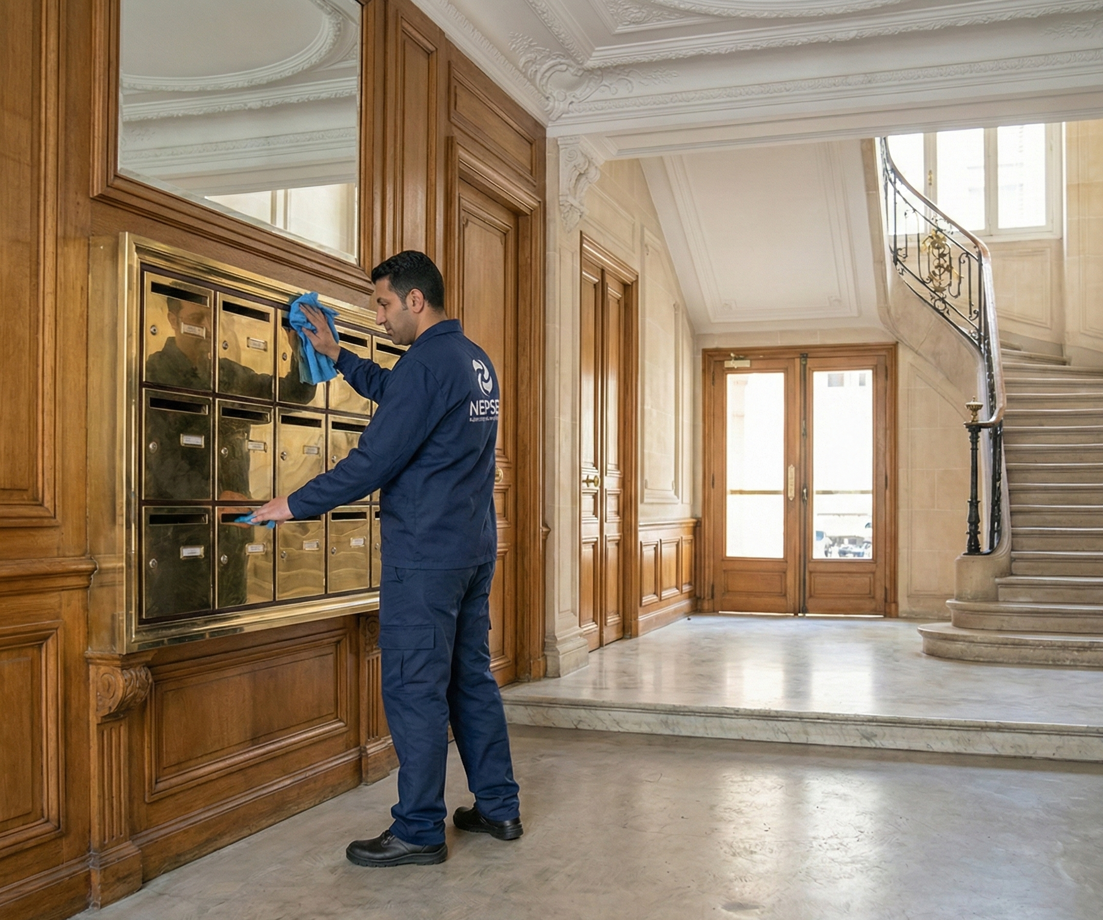 Un livreur nettoie une boîte aux lettres en métal doré dans un hall d'immeuble avec des murs en bois et un escalier en colimaçon en arrière-plan.