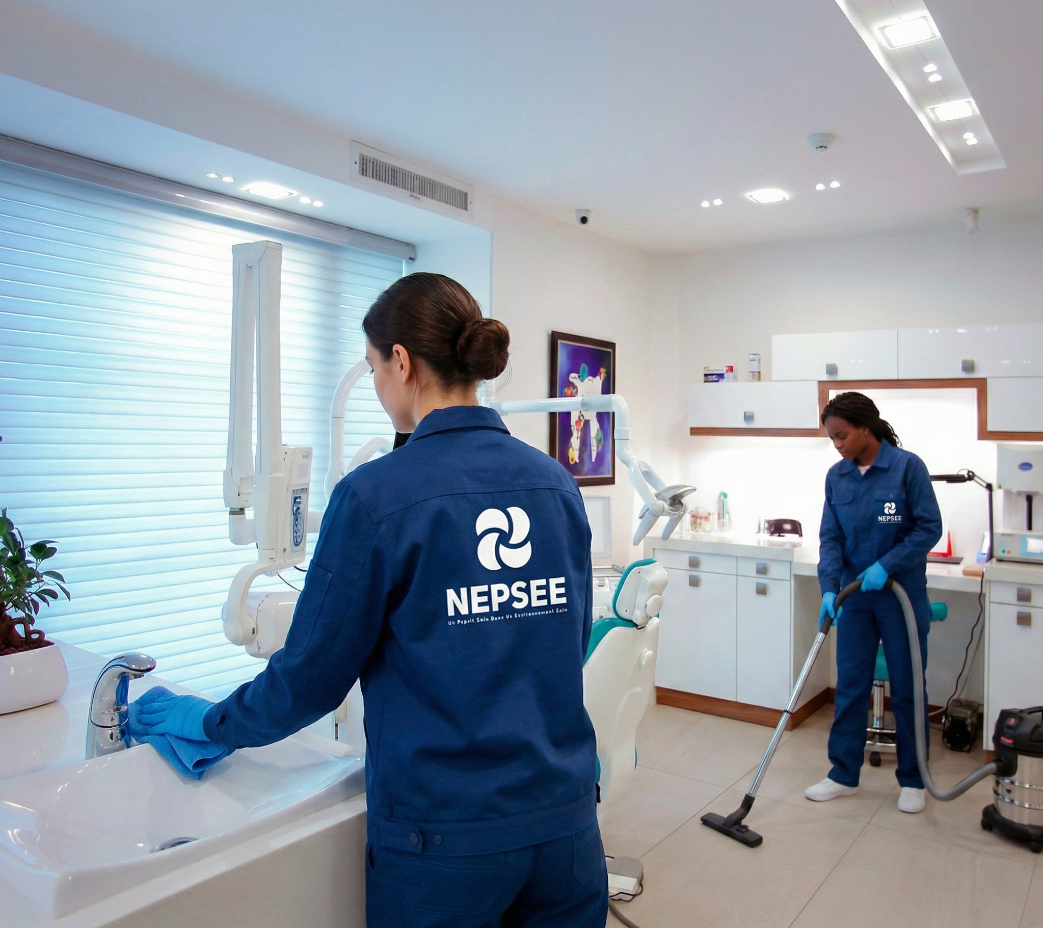 Deux femmes en uniformes de nettoyage dans un cabinet dentaire, l'une nettoie un lavabo et l'autre utilise un aspirateur industriel.