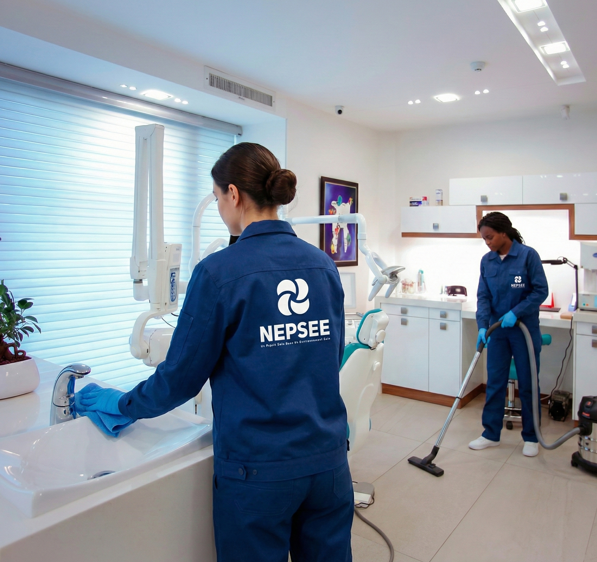 Deux femmes en uniforme de nettoyage dans un cabinet dentaire, une nettoie la zone du lavabo et l'autre passe l'aspirateur.