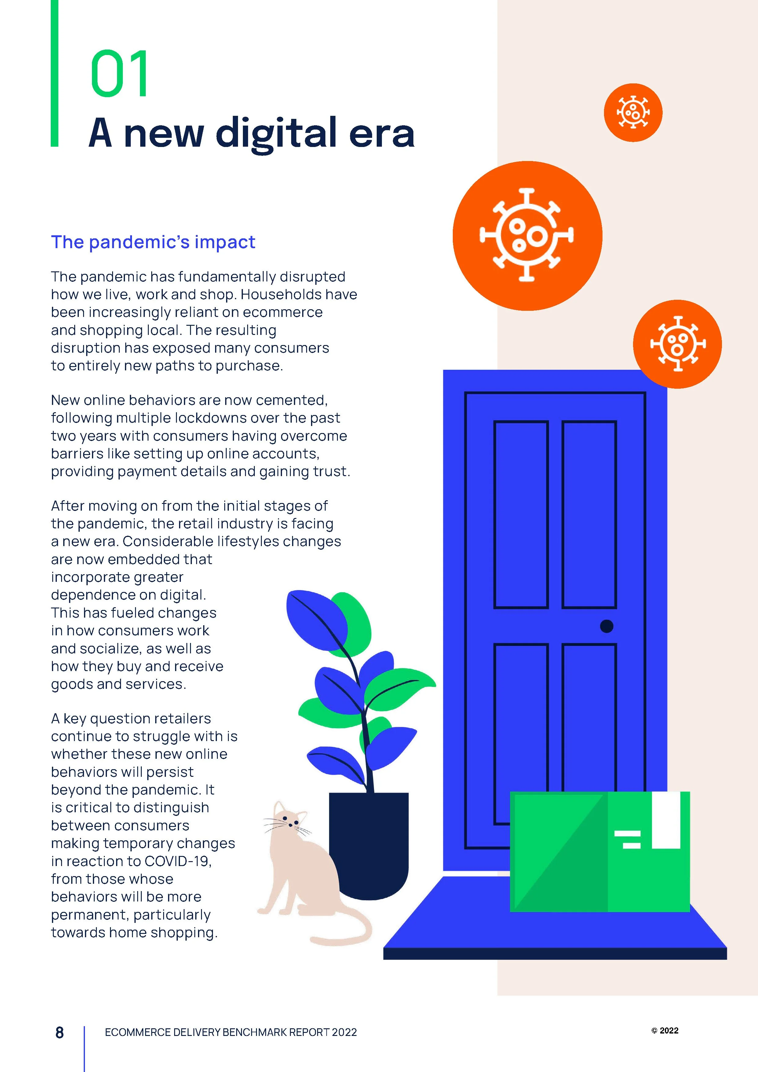 Page from an ecommerce report with the headline 'A new digital era' and the subheading 'The pandemic's impact.' It features orange virus icons, a blue outline of a door, a potted plant, a cat illustration, and a green box with white lines.