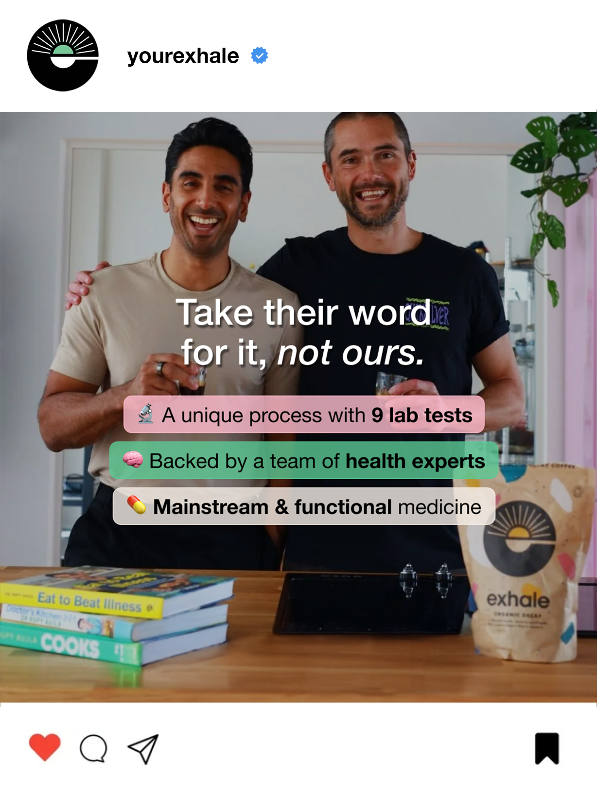 Two men smiling and holding drinks, standing behind a desk with books and a product called 'exhale' on the table, with text overlay promoting health and medical services.
