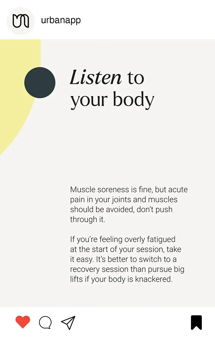 A fitness advice social media post from urbanapp with the message to listen to your body, explaining that muscle soreness is normal but pain should be avoided, and advising to take it easy if feeling overly fatigued.