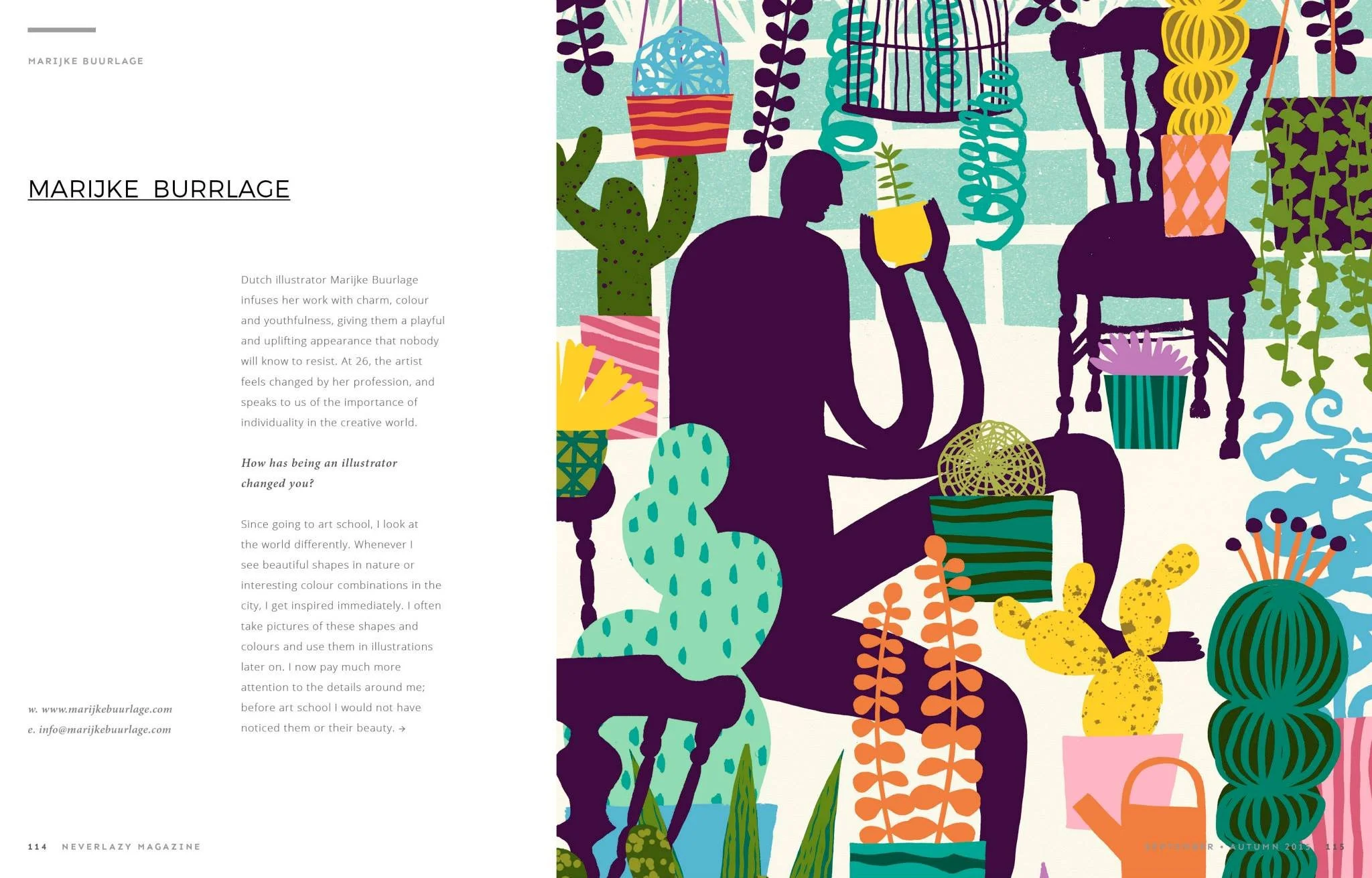 Colorful illustration of a person sitting amidst various potted plants, including cacti and leafy greenery, with hanging plants, a birdcage, and decorative objects in vibrant colors.