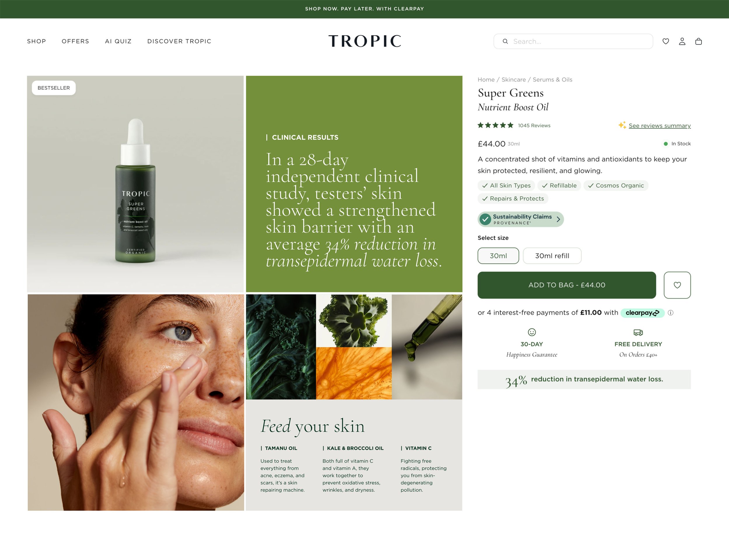 Screenshot of a skincare product webpage featuring Tropic Super Greens Nutrient Boost Oil, showing the product bottle, product description, and benefits, along with images of a woman applying skincare, and various natural ingredients.
