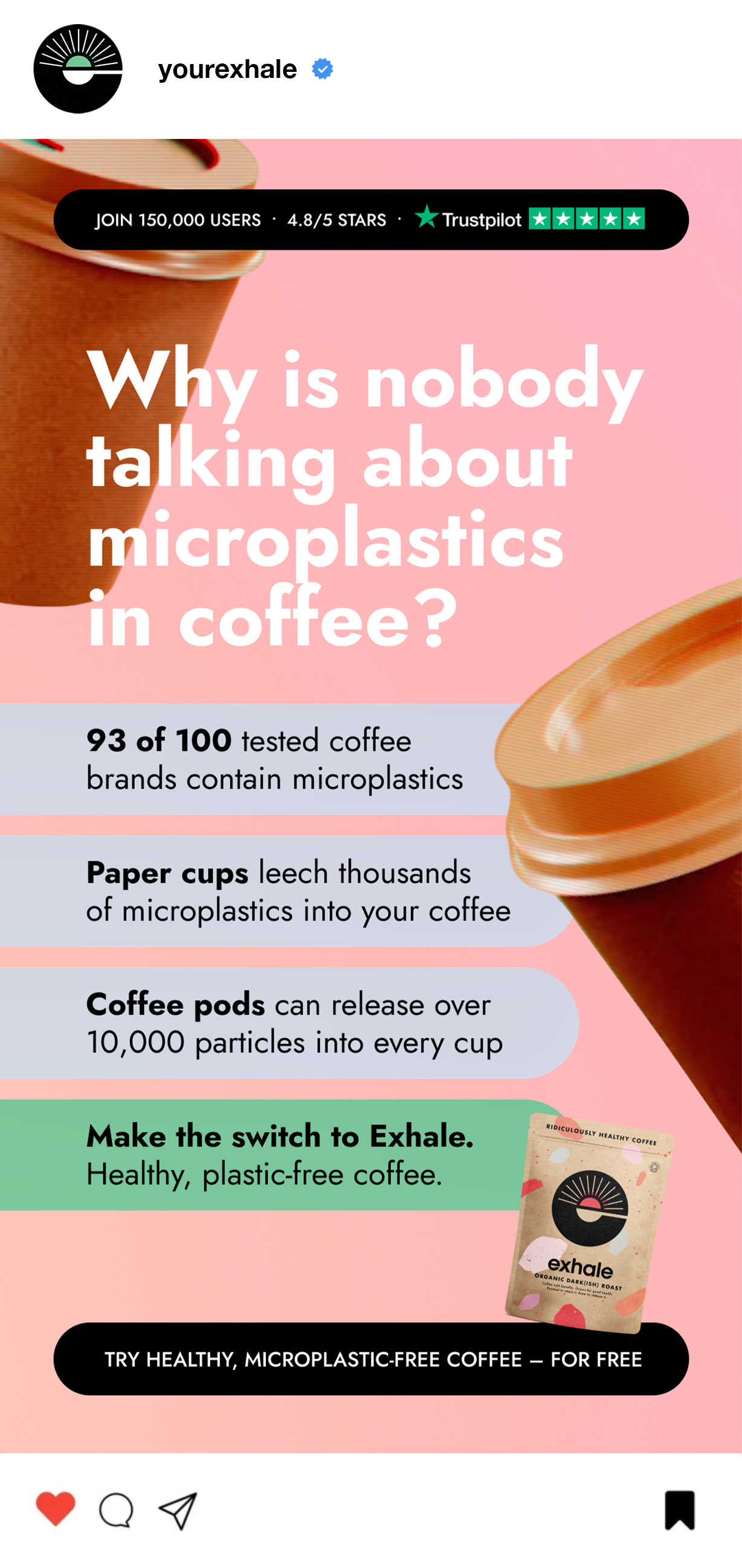 Infographic explaining microplastics in coffee, showing how different coffee containers release microplastics, and promoting microplastic-free coffee with a green banner reading 'Make the switch to Exhale'.
