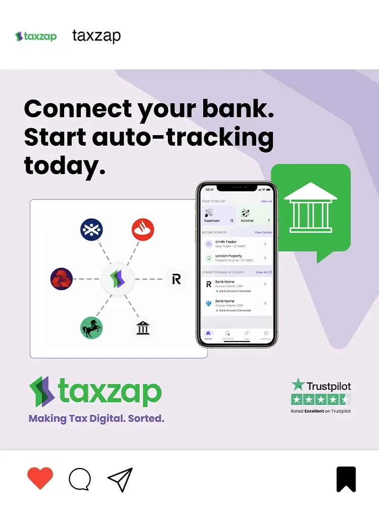 Advertisement for Taxzap app encouraging bank connection and auto-tracking, featuring app interface and Trustpilot rating with five stars.