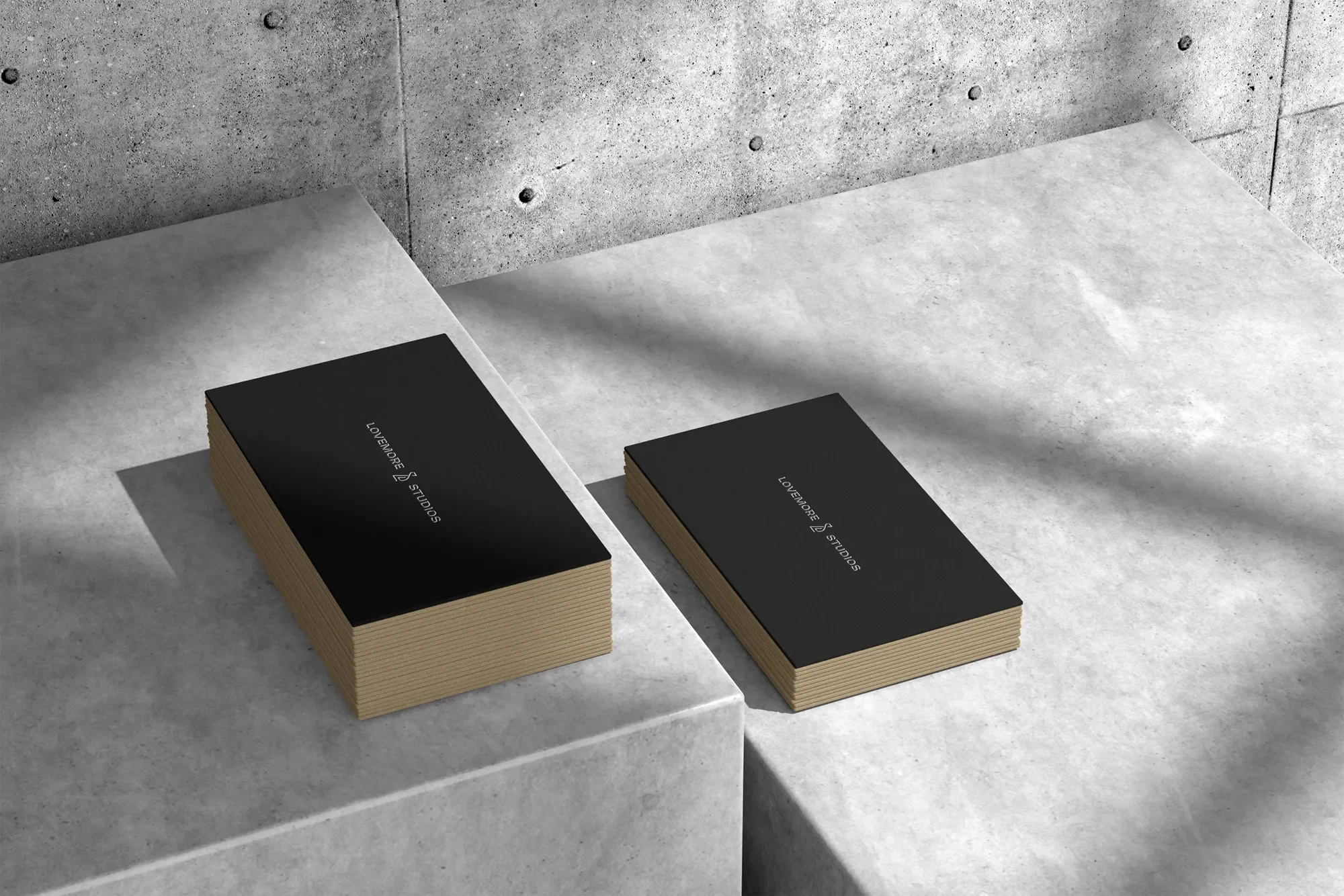 Two stacks of black books with the title 'LoveMore Studios' on gray concrete steps and a gray concrete wall in the background.