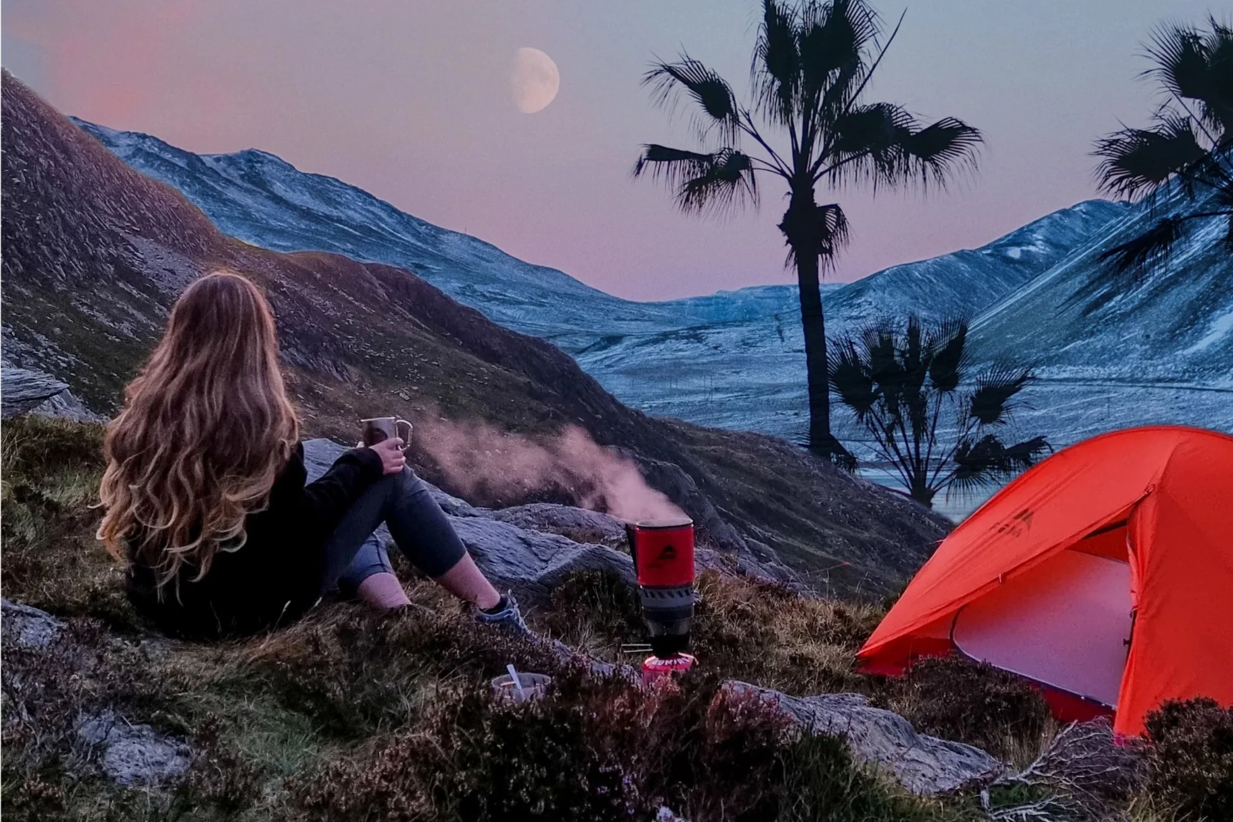 A woman with long hair sitting on a rocky hillside at dusk, holding a mug, with a mountain landscape, a large moon in the sky, tall palm trees, and an orange tent nearby.