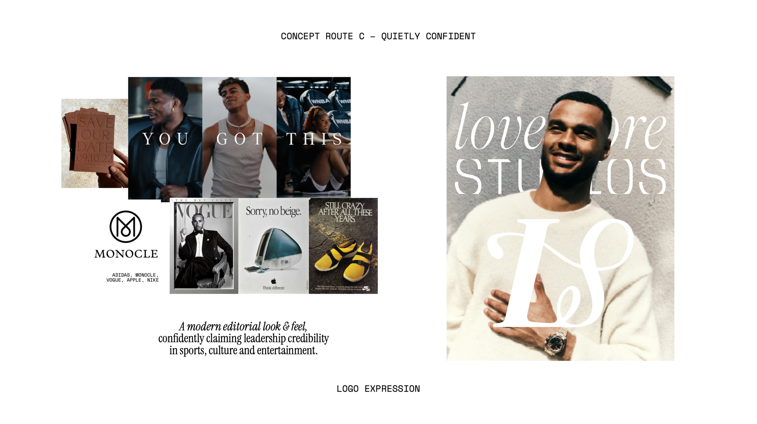 A magazine or editorial layout featuring images of diverse individuals, fashion items, and magazines like Vogue, with text emphasizing confidence and leadership in sports, culture, and entertainment.
