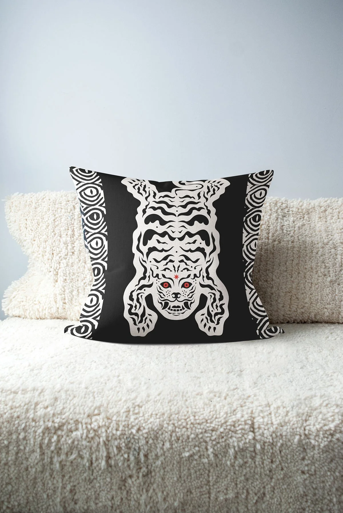 Black and white tiger printed cushion cover design, in soft velvet finish with ornate border
