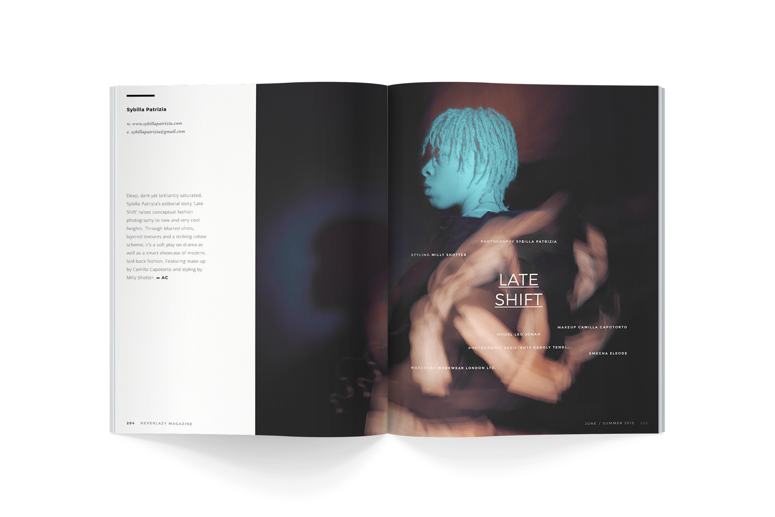 Open magazine with a dark, artistic photograph of a person with light-colored dreadlocks and layered textures. Text on the right page reads 'LATE SHIFT,' with credits for fashion and photography team.