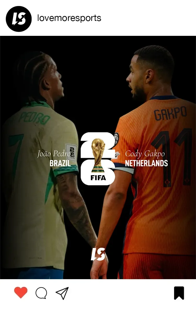 Graphic showing two soccer players, João Pedro from Brazil and Cody Gakpo from the Netherlands, facing each other, with a FIFA World Cup 2022 logo in the center.
