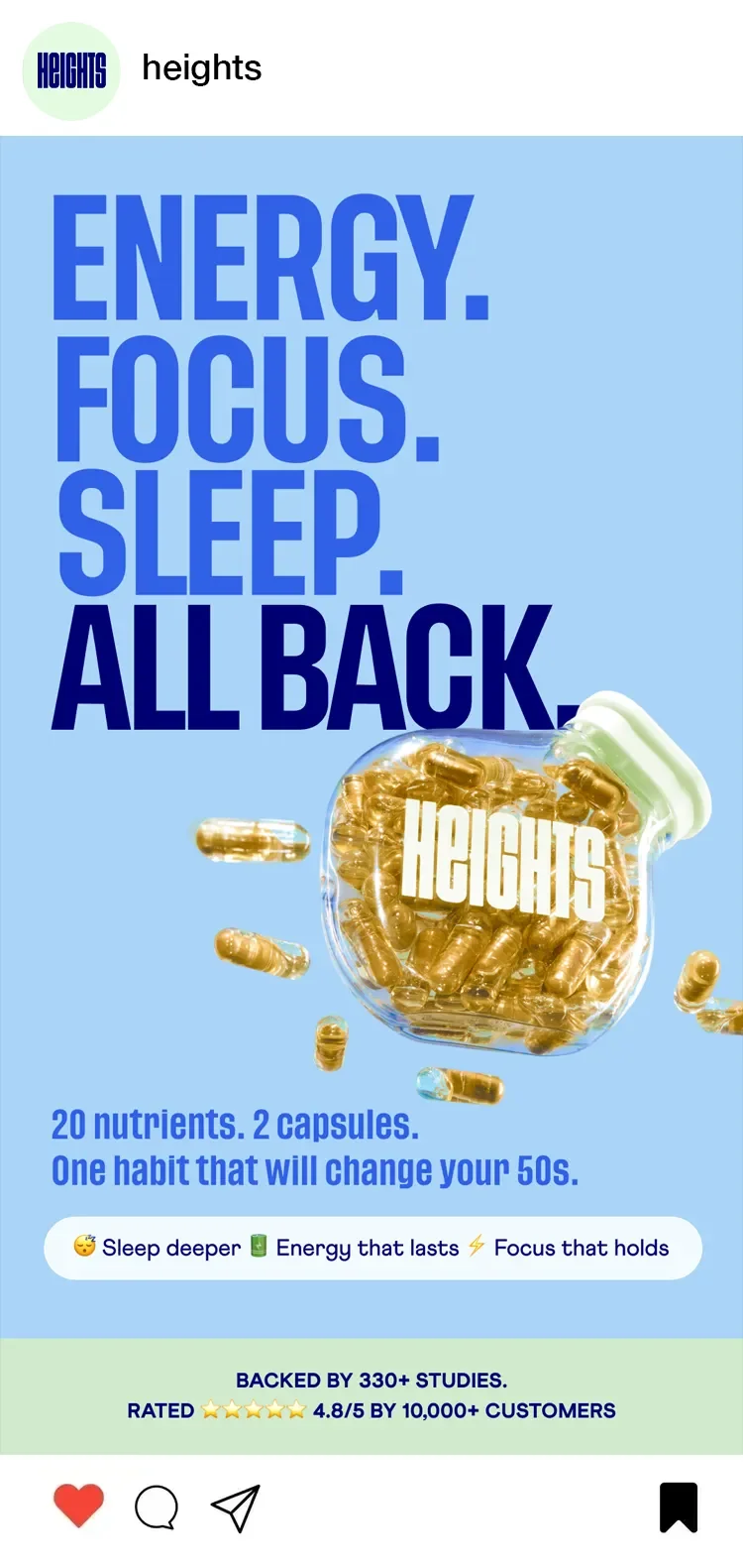 Advertisement for a supplement called Heights, claiming to improve energy, focus, and sleep with 20 nutrients in 2 capsules. The ad features a bottle with capsules and the tagline 'ENERGY. FOCUS. SLEEP. ALL BACK.'
