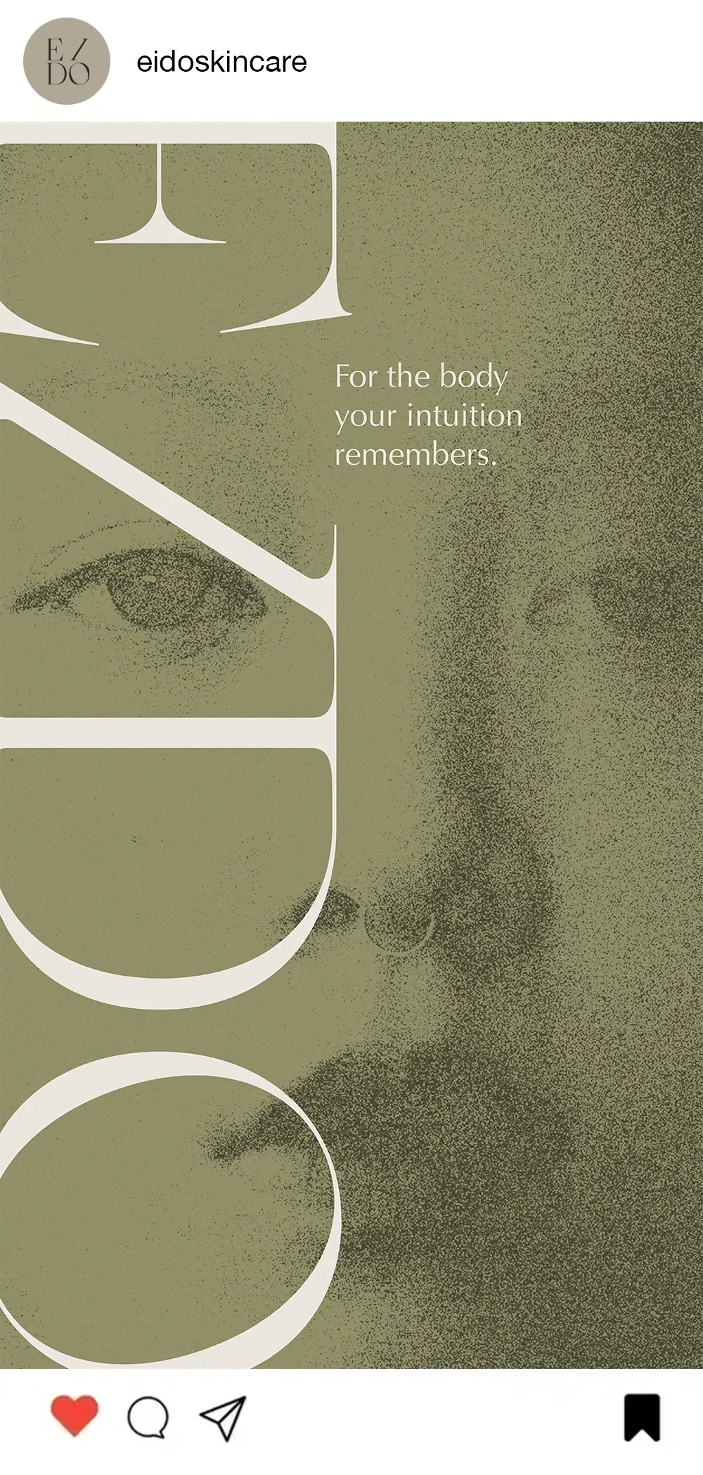 Graphic design featuring overlapping abstract shapes with half-photos of a person's face and eye, accompanied by text that says 'For the body your intuition remembers.'