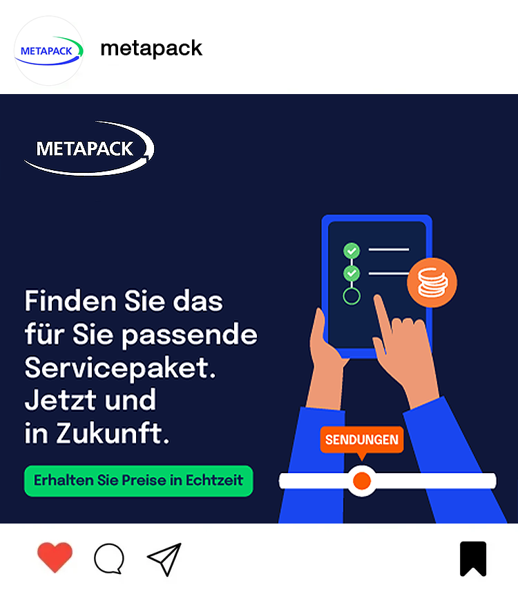 Advertisement for Metapack with German text, showing a person using a tablet with check marks and a money icon, and a button to receive real-time prices.