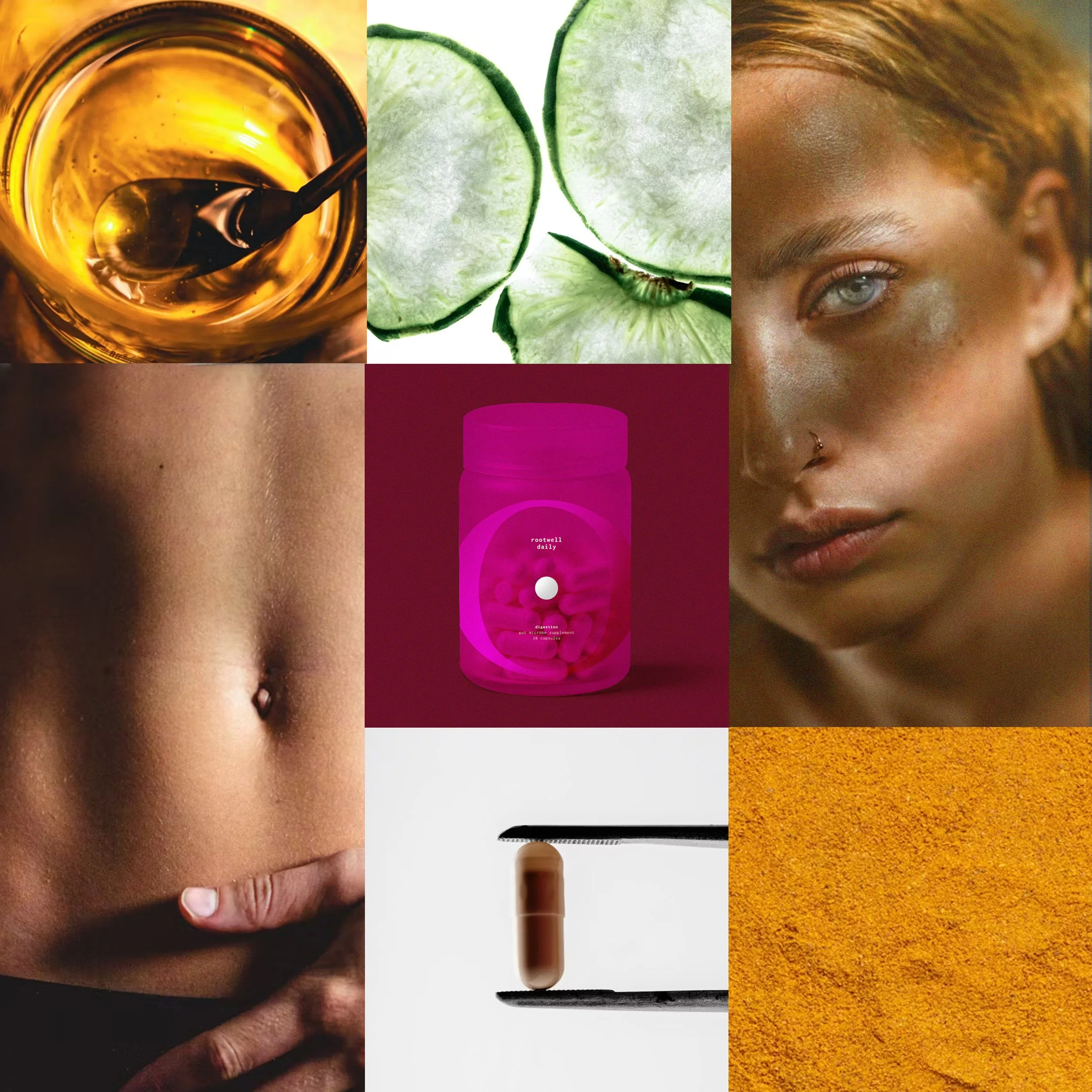 Collage of various images including a glass of whiskey, sliced green apples, a person's eye, a person's face, a pink supplement bottle, and ground turmeric.