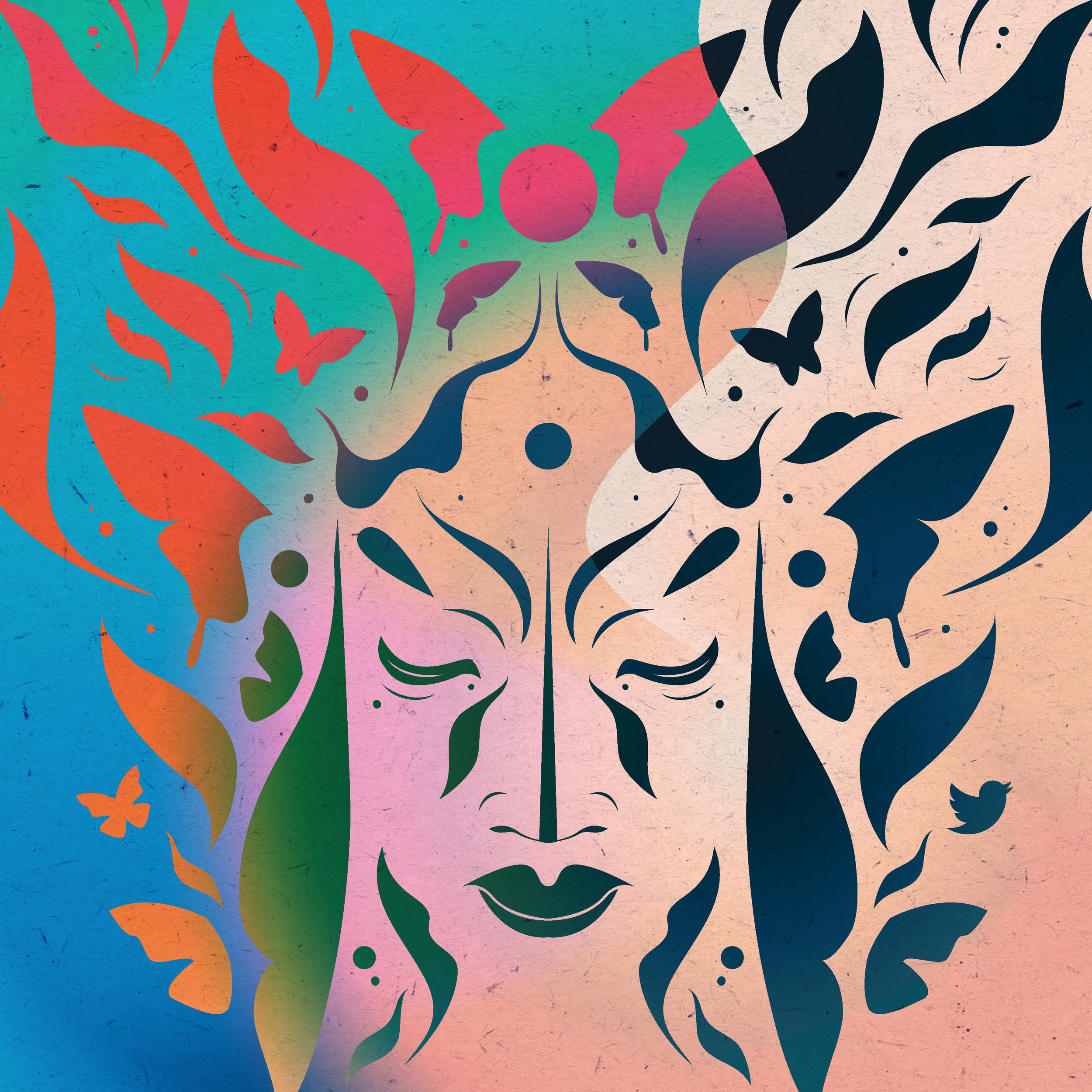 Stylized butterfly silhouette with rainbow gradient colors, overlapping with abstract leaf patterns on a textured pastel background.