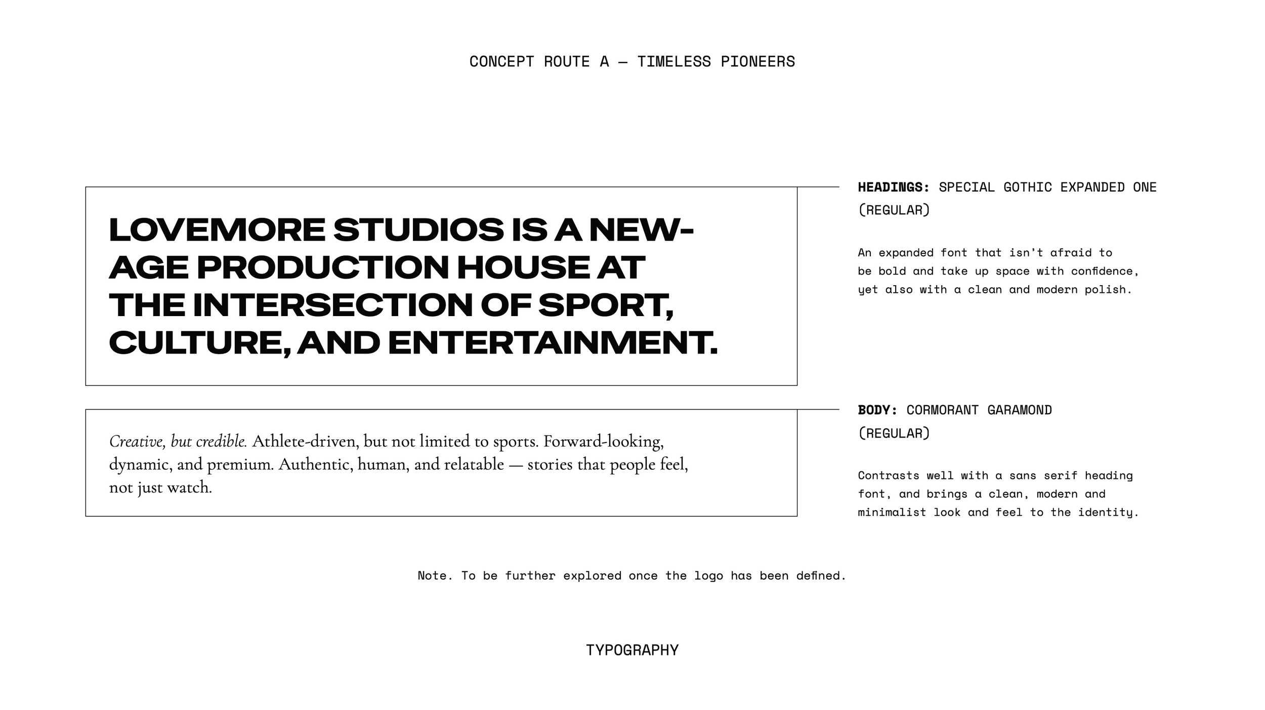 A document discussing the concept route A by Timeless Pioneers, with bold headline about Lovemore Studios, descriptions of typography and styles, and various headers and body text in a clean, modern design.