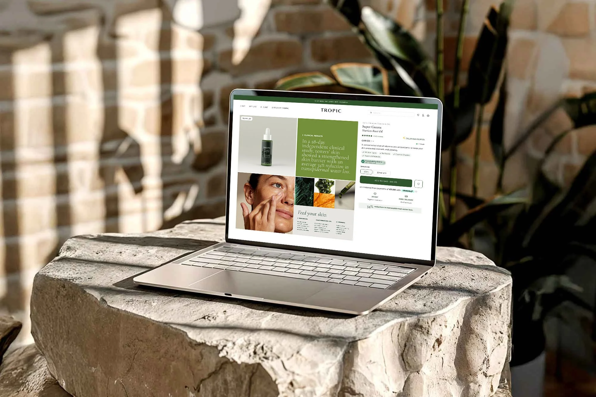 A silver laptop placed on a rough stone surface outdoors, displaying an online skincare product website with images of skincare products, a woman applying skincare, and green-themed product details, with a brick wall and green plants in the background.