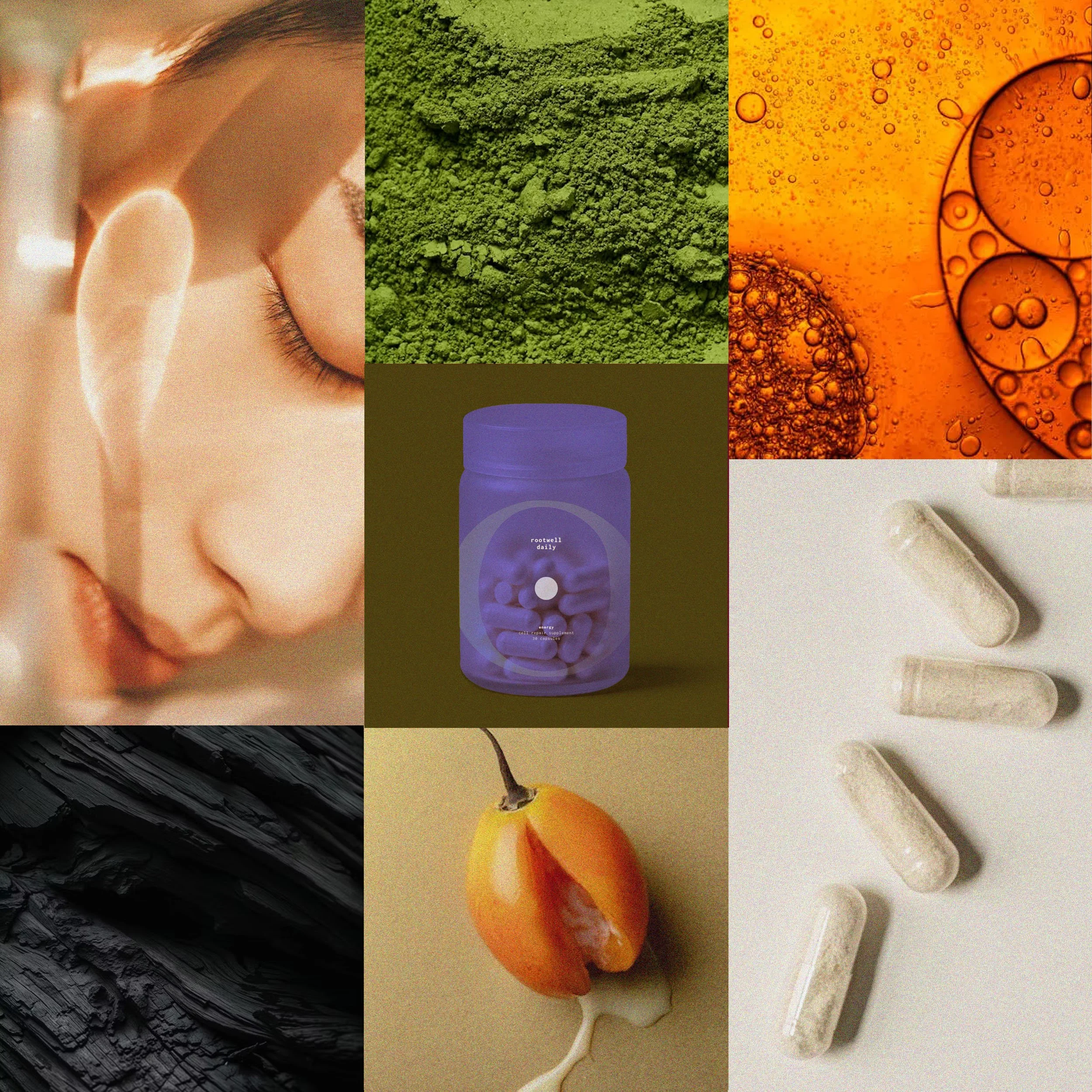 Collage of various abstract images: a close-up of a sleeping person's face, green powder, orange bubbles in liquid, black textured pattern, a yellow and red pepper, pills in a container, and beige pills on a white surface.
