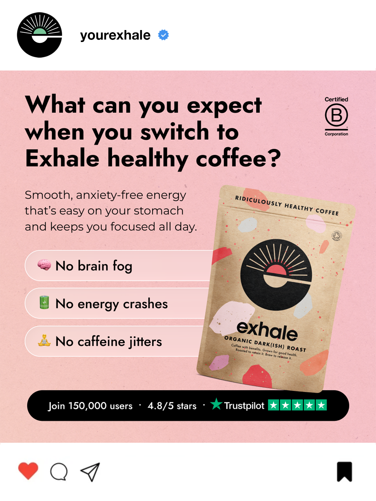An Instagram post promoting Exhale organic coffee with health benefits. The post includes a pink background, bold black text, icons representing benefits (no brain fog, no energy crashes, no caffeine jitters), a package design of the coffee, and user ratings from Trustpilot.