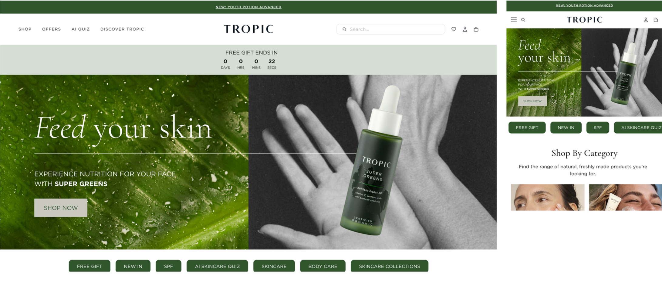 A website homepage for Tropic skincare featuring a green leafy background with water droplets, a bottle of Tropic Super Greens serum, and text encouraging skin health with options for shopping and categories.