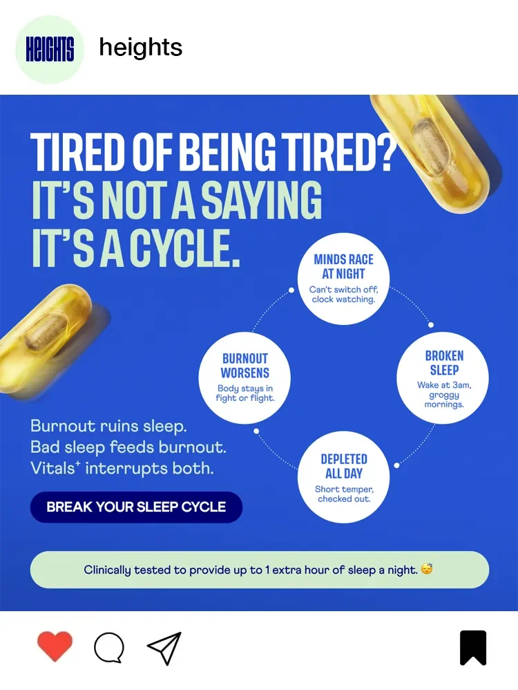 A health infographic highlighting the sleep cycle and its effects, with a pill in the top right and icons at the bottom.