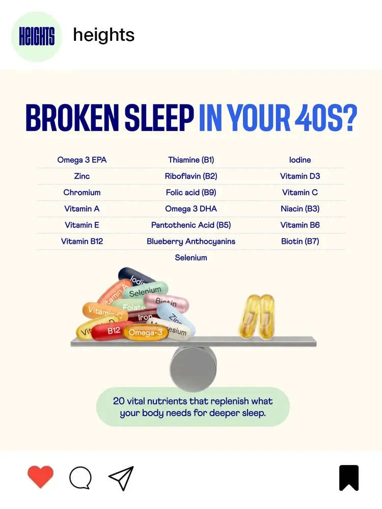 Illustration showing a scale balancing various vitamins and nutrients to promote better sleep in your 40s, including capsules and pills labeled with different nutrients.