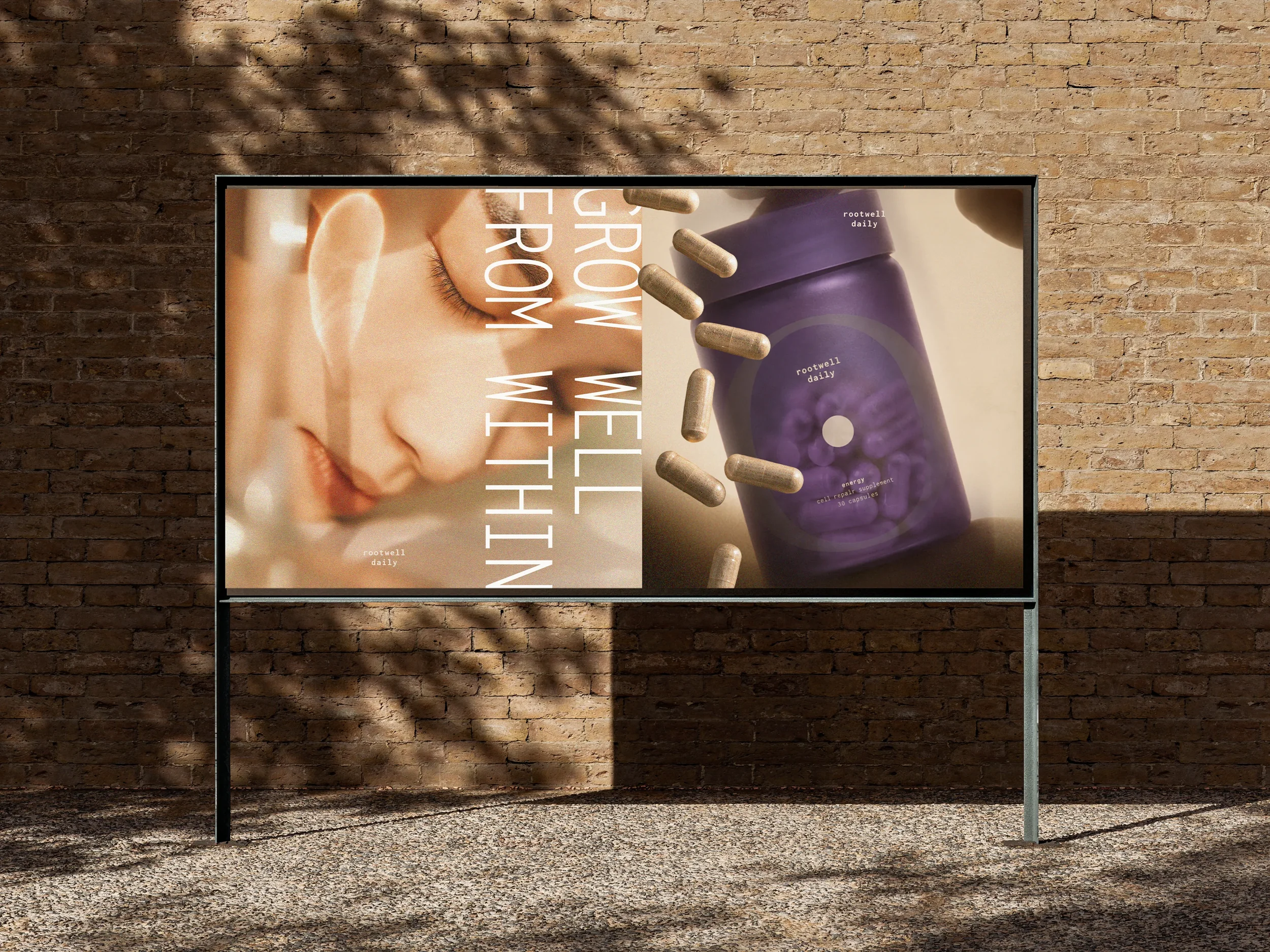 Billboard on a brick wall featuring a woman with closed eyes and a purple supplement bottle with capsules.