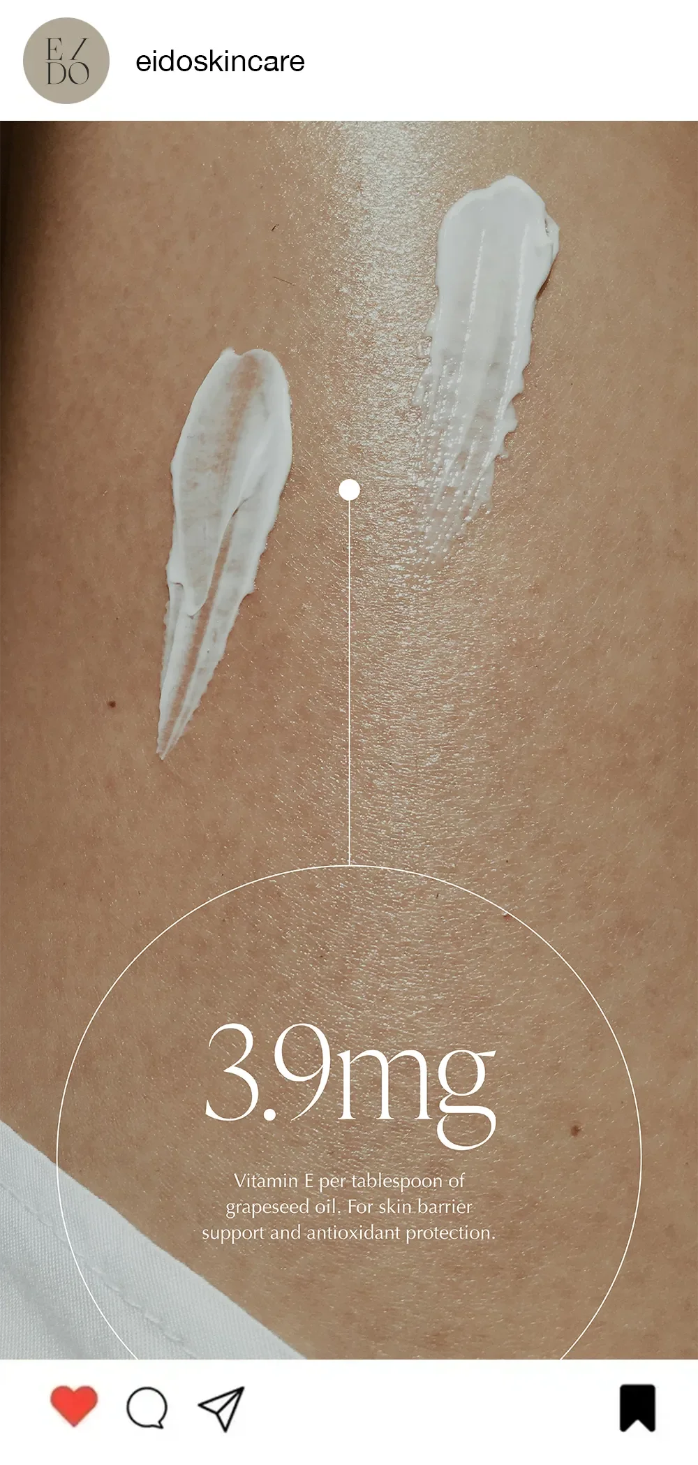 Swatched vitamin E cream or oil on skin with a label indicating 3.9 mg of vitamin E per tablespoon, highlighting skin barrier support and antioxidant protection.