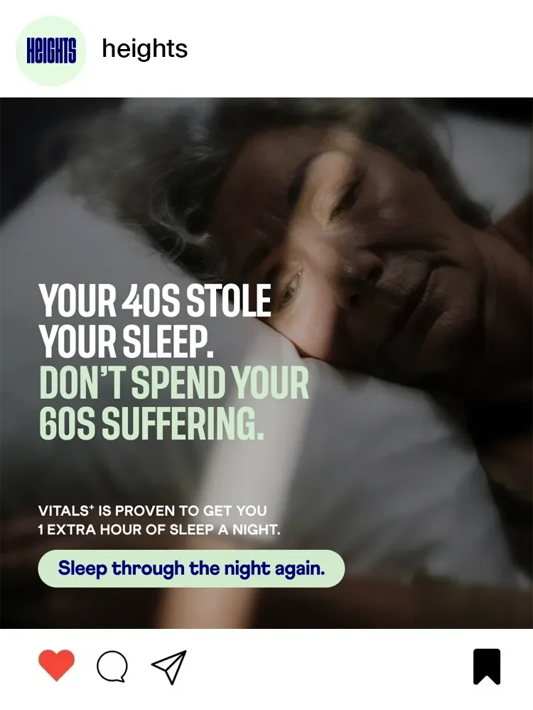 A man lying in bed with a tired expression, promoting a sleep aid product called VITALS to help get an extra hour of sleep and sleep through the night again.
