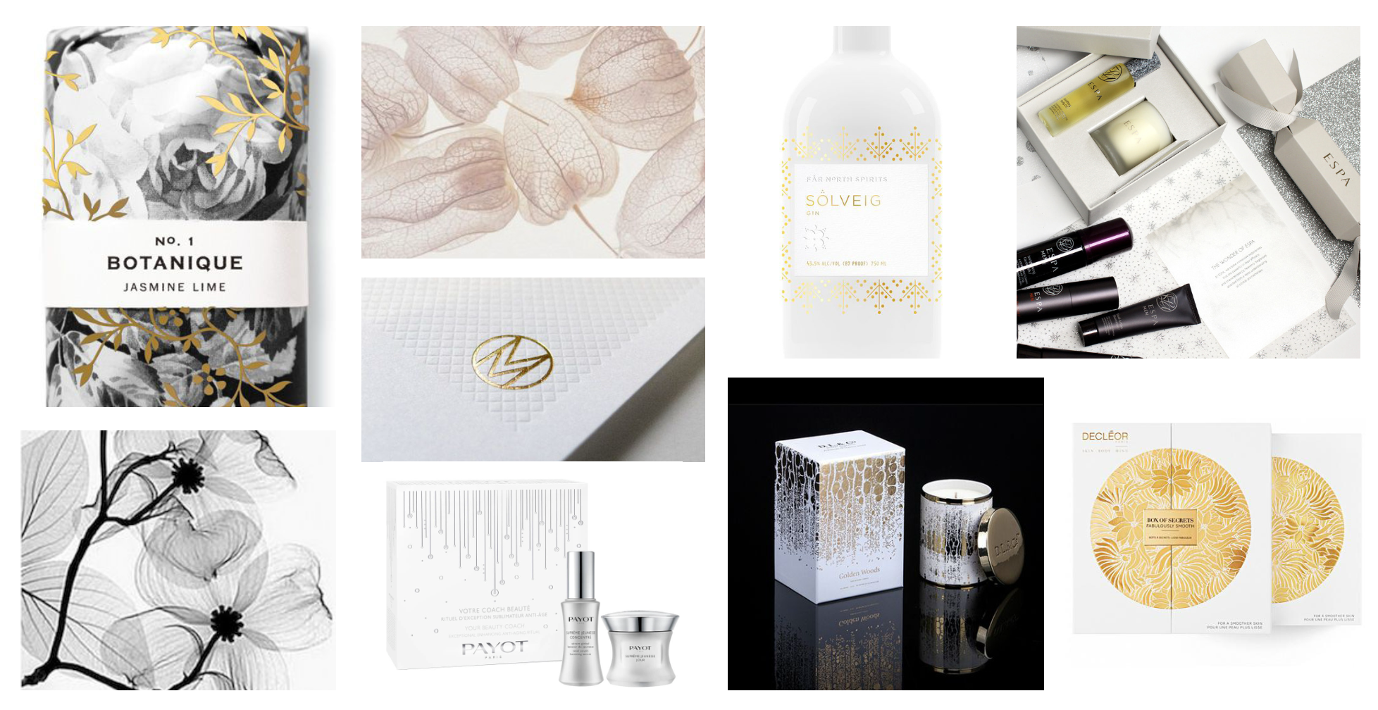 Collage of luxury and beauty products including skincare, perfumes, candles, and decorative items with elegant packaging in white, black, gold, and neutral tones.