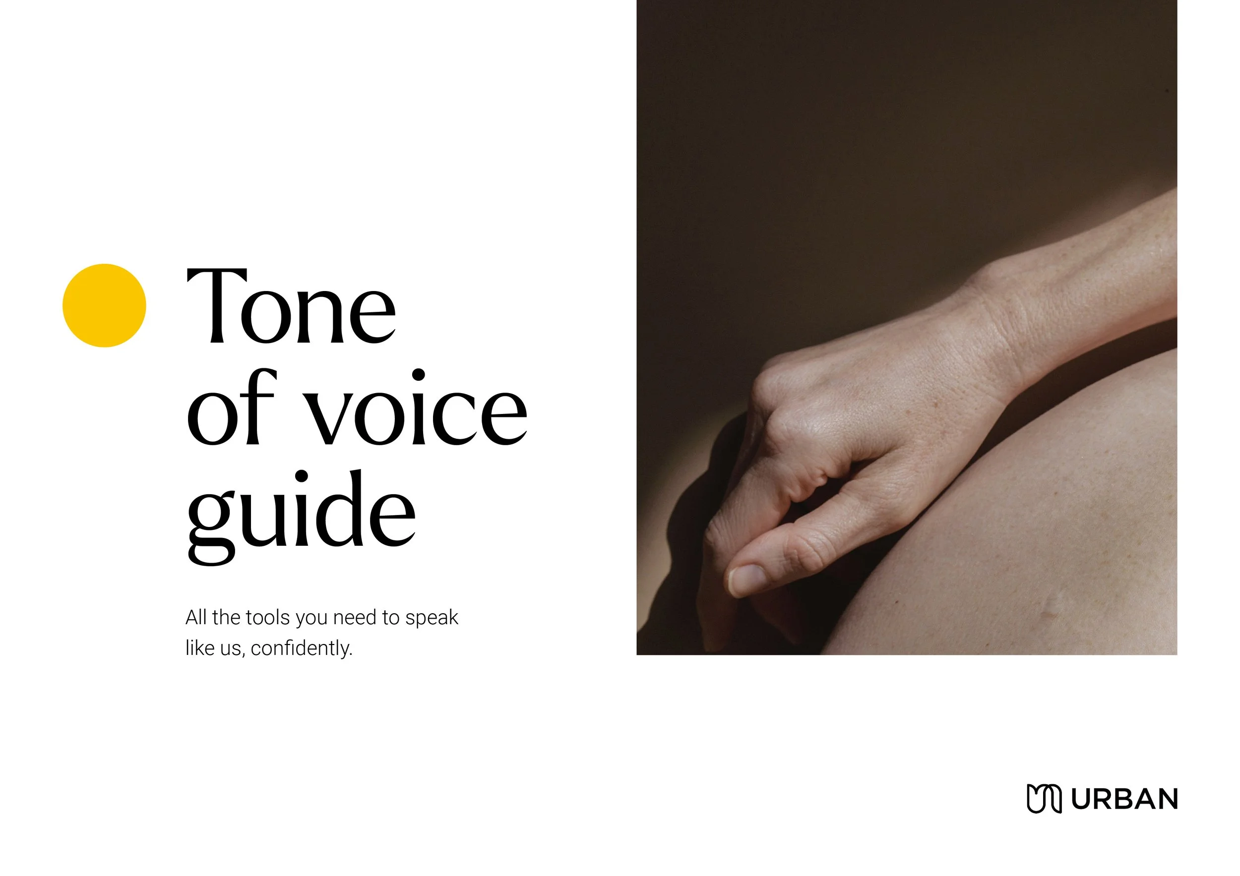 A promotional guide titled 'Tone of Voice Guide' with an image of a hand resting on another arm, and the logo of Urban.