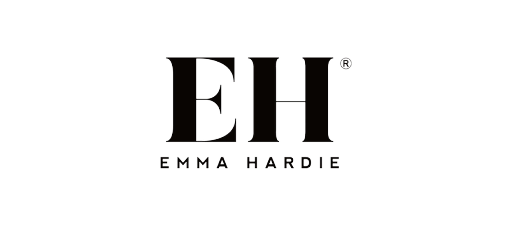 Logo with large black letters 'E H' and the text 'Emma Hardie' below. There is a gray rectangular shape extending from right of the letters.