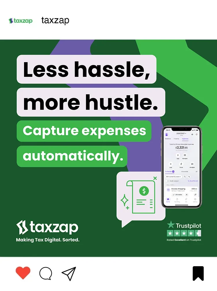 An advertisement for Taxzap promoting automatic expense capture with a smartphone app interface and Trustpilot ratings.