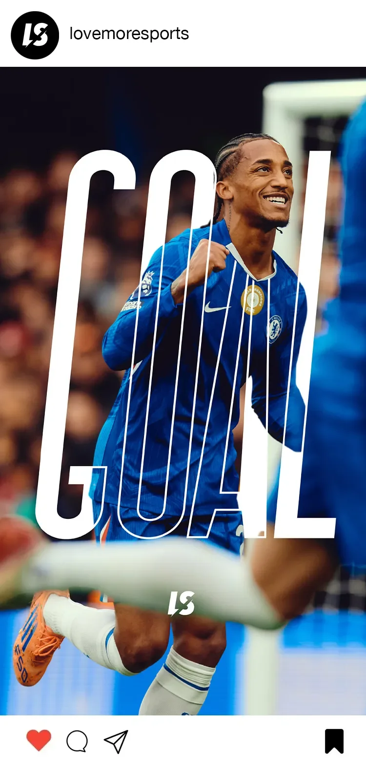 A soccer player in a blue Chelsea jersey celebrating a goal, with a large 'GOAL' overlay on the image and the lovemoresports logo in the top left corner.