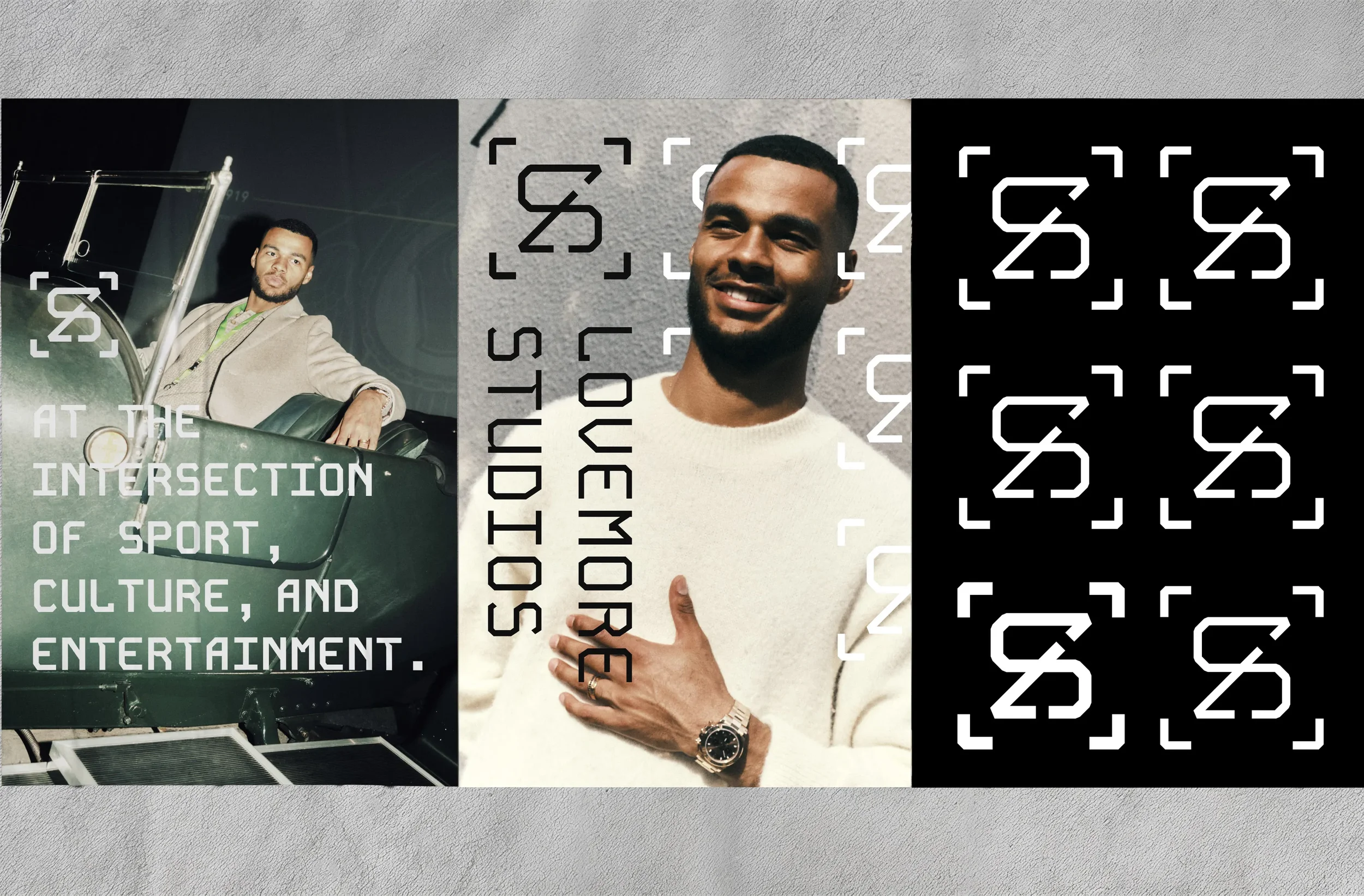 A poster with a photo of a smiling man with short black hair and a beard, wearing a white sweater and a watch, standing against a textured wall. The poster includes text about the importance of sport, culture, and entertainment, and features graphic elements like numbered patterns and abstract lines.