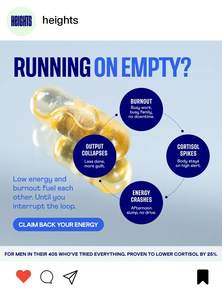 An infographic about energy levels and burnout, featuring a capsule pill with information about burnout, cortisol spikes, energy crashes, and output collapse, aimed at men in their 40s.