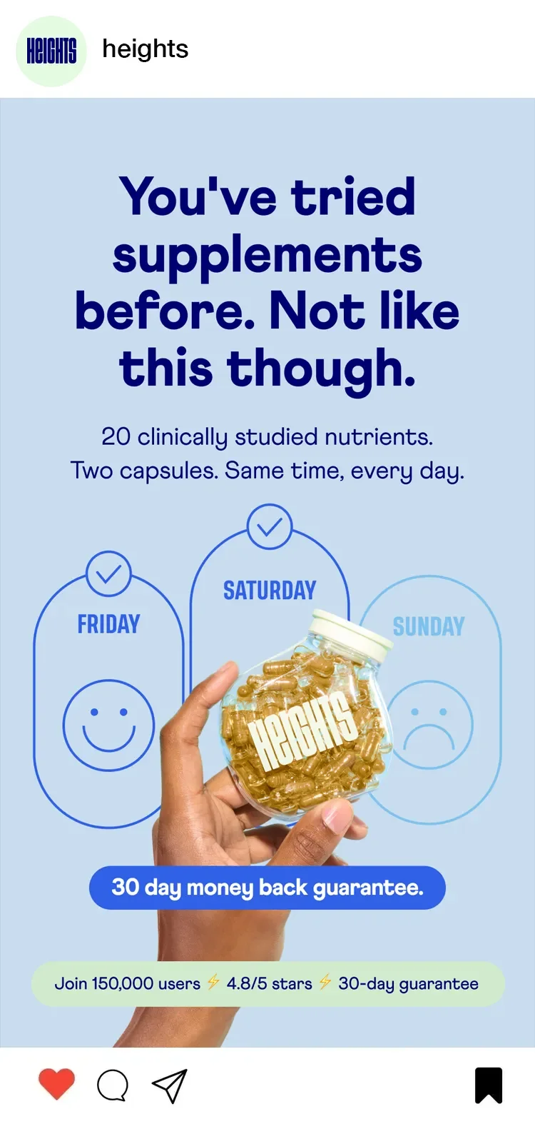 Advertisement promoting a supplement with a 30-day money-back guarantee, showing a hand holding a jar of capsules labeled 'HEALTHY,' and icons representing happy and sad faces on Friday, Saturday, and Sunday.