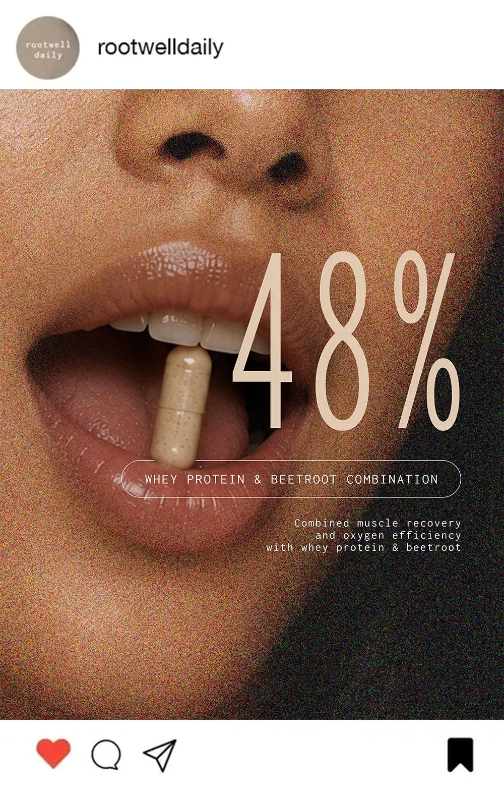 Close-up of a person with lips slightly parted, holding a capsule pill between their teeth, with text overlay indicating '48%' and description of whey protein and beetroot supplement for muscle recovery and oxygen efficiency.