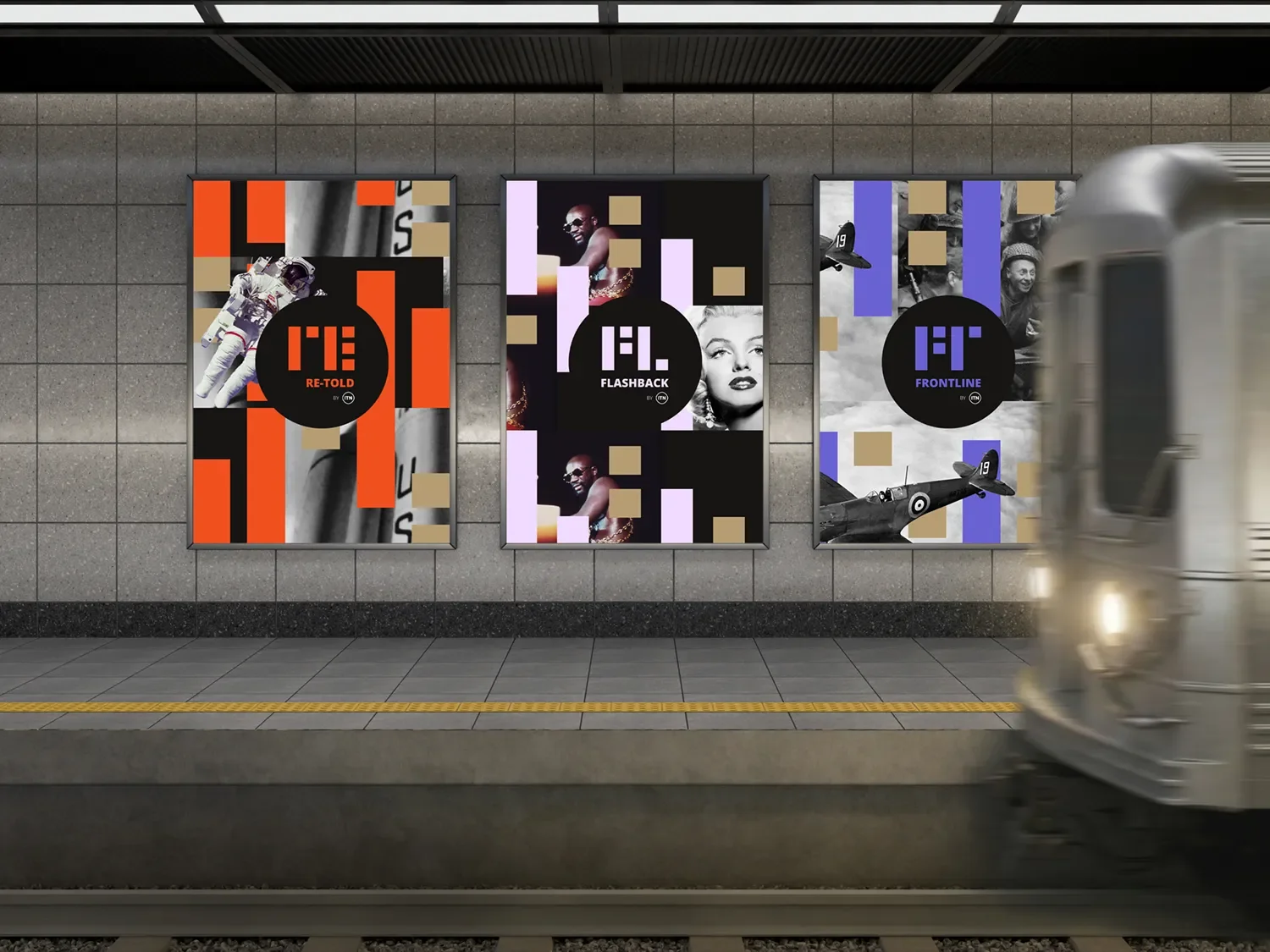 Three posters on a subway station wall, each with bold colors and black circles with text, featuring vintage and modern images of people, and scenes of military aircraft, with a train passing by in the foreground.