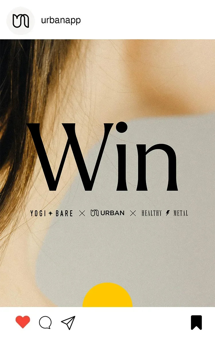 Close-up of a social media post with the word 'Win' in large black font, and smaller words underneath: 'YOGI', 'BARE', 'URBAN', 'HEALTHY', 'METAL'. Part of a person's hair and shoulder are visible, with a yellow circle at the bottom.
