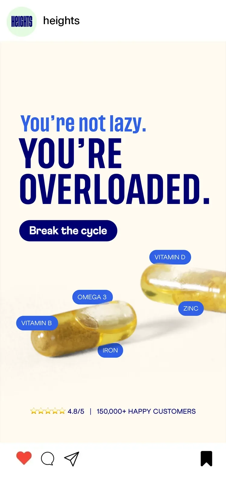Advertisement for health supplements emphasizing energy and overworked health, featuring capsules labeled with vitamins and minerals such as Vitamin D, Vitamin B, Iron, Zinc, and Omega 3, with a rating of 4.8 out of 5 from over 150,000 customers.