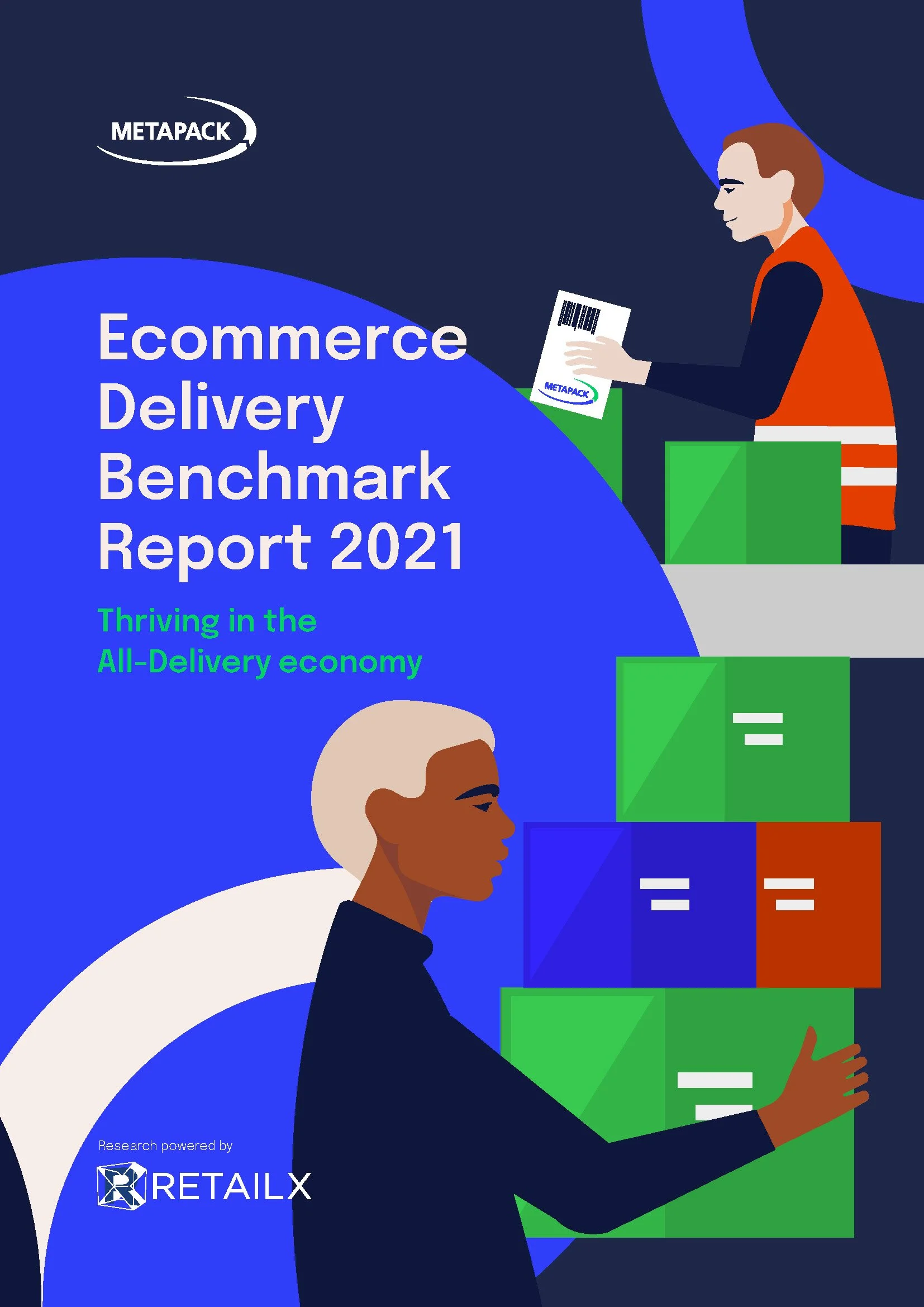Illustration of a person wearing a safety vest, holding a barcode label, and reaching for boxes. The image is related to an ecommerce delivery benchmark report by RETAILX.