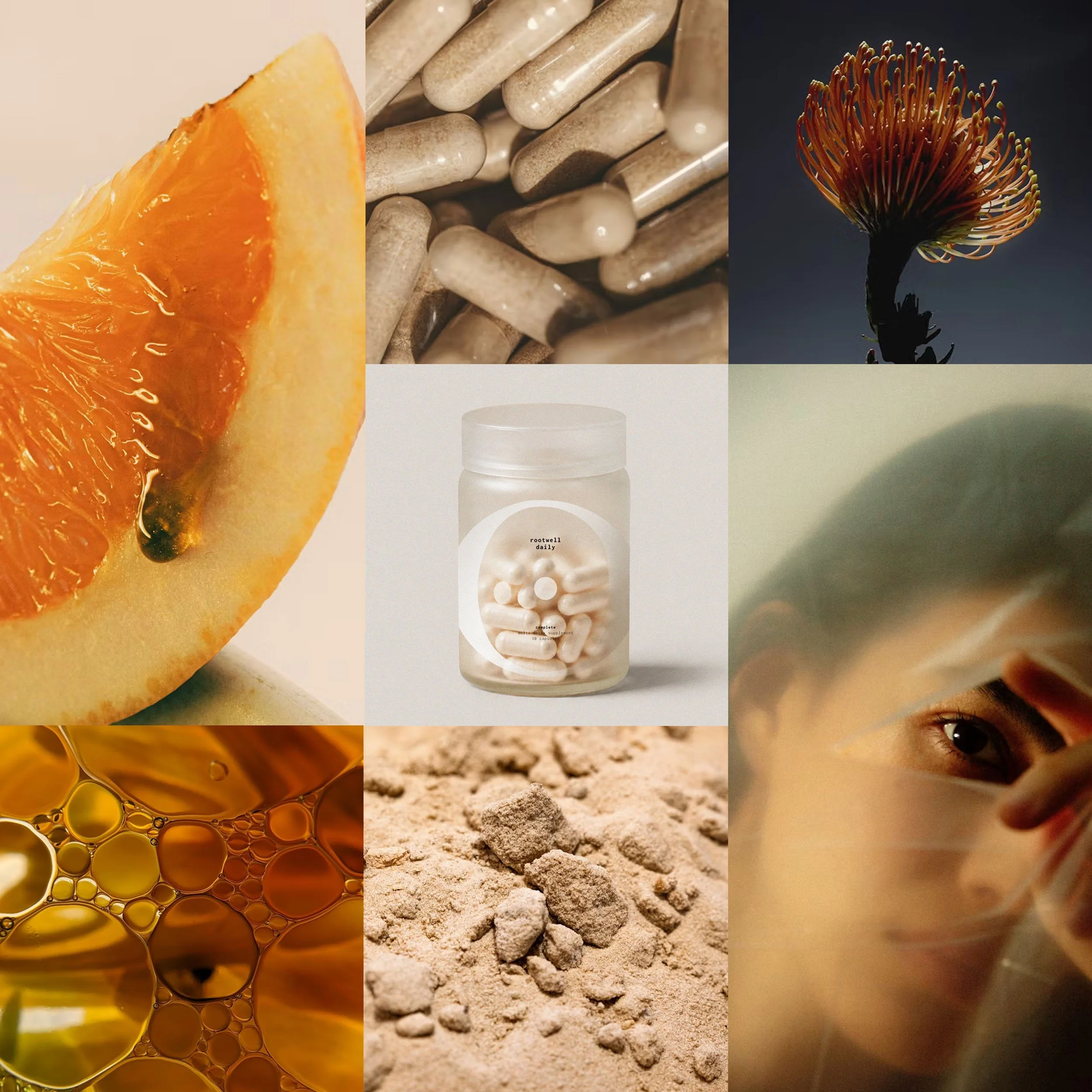 A collage featuring a close-up of an orange slice, capsules or pills, a flower with a dark background, a bottle of supplement powder, and some loose powder on a surface.