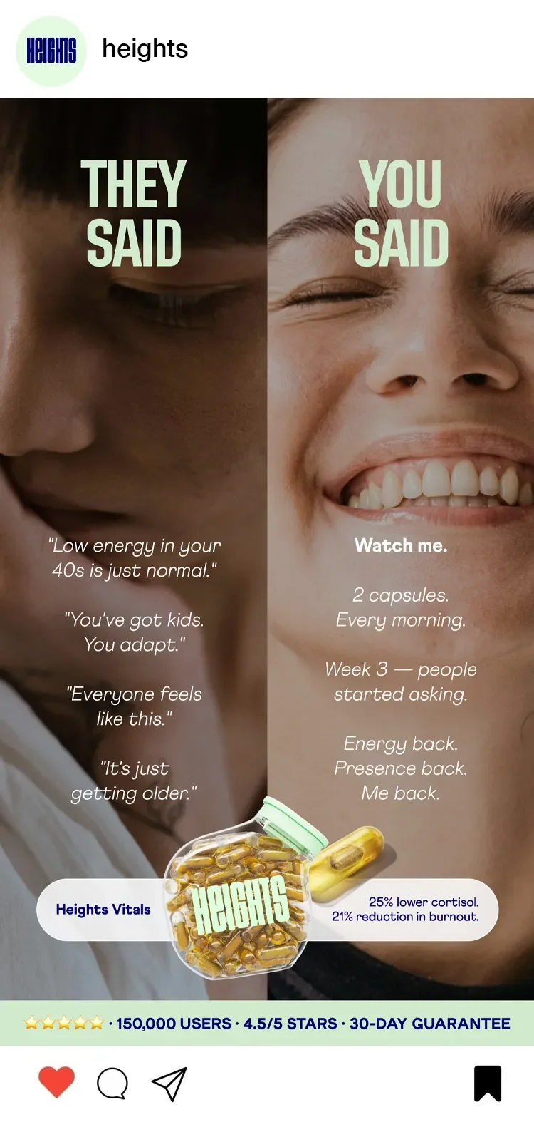 Advertisement comparing perceptions about aging and energy. Left side shows a sad face with the text "They Said" and quotes about low energy in middle age. Right side shows a smiling face with the text "You Said" and promoting a supplement called Heights Capsules for energy and cortisol reduction.