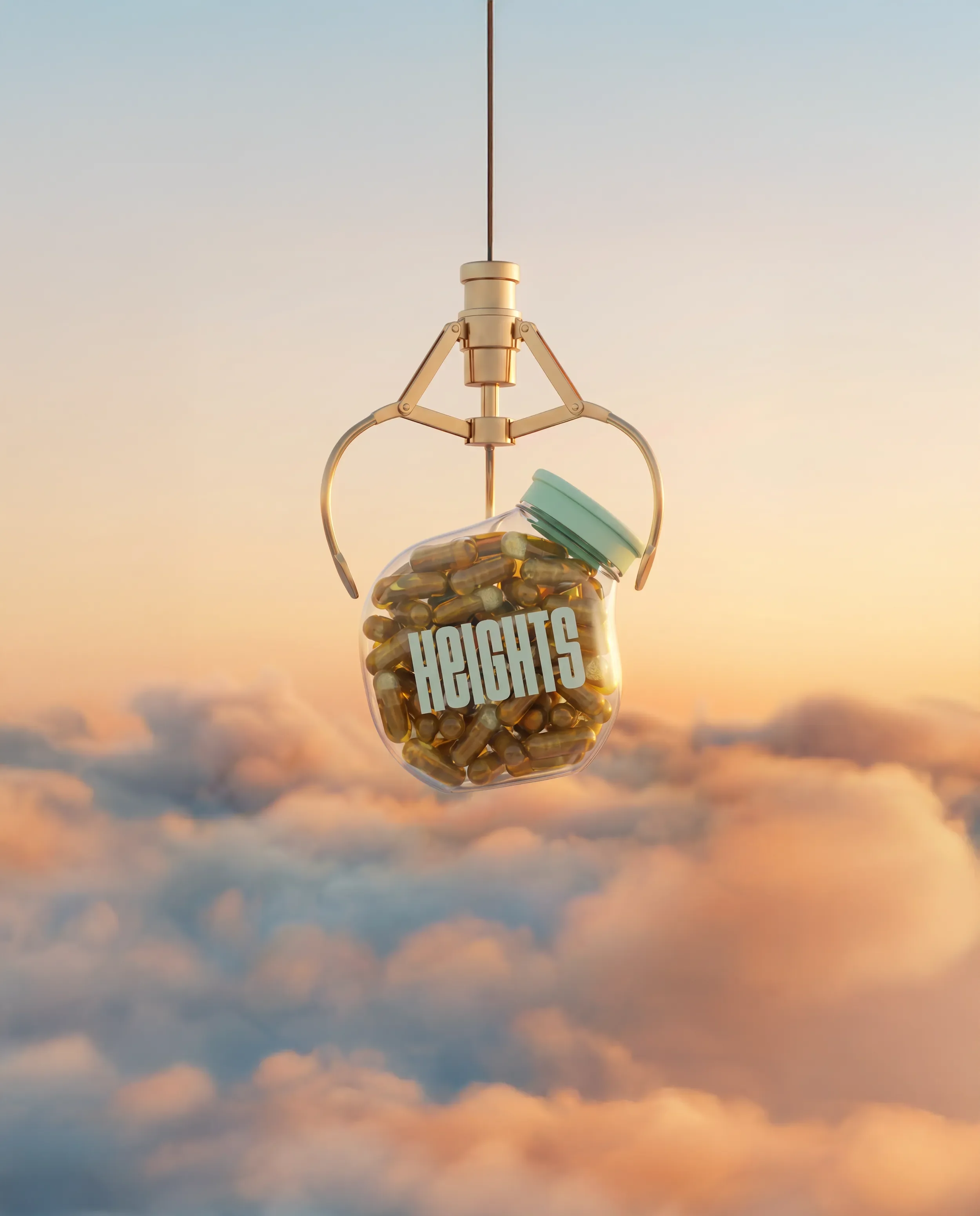 A capsule bottle with the label 'HIGHS' is hanging from a mechanical claw against a sunset sky, with clouds below.